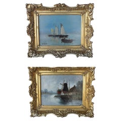 Antique Oil on Canvas Set of Paintings in Wood Gold Gilded Frames