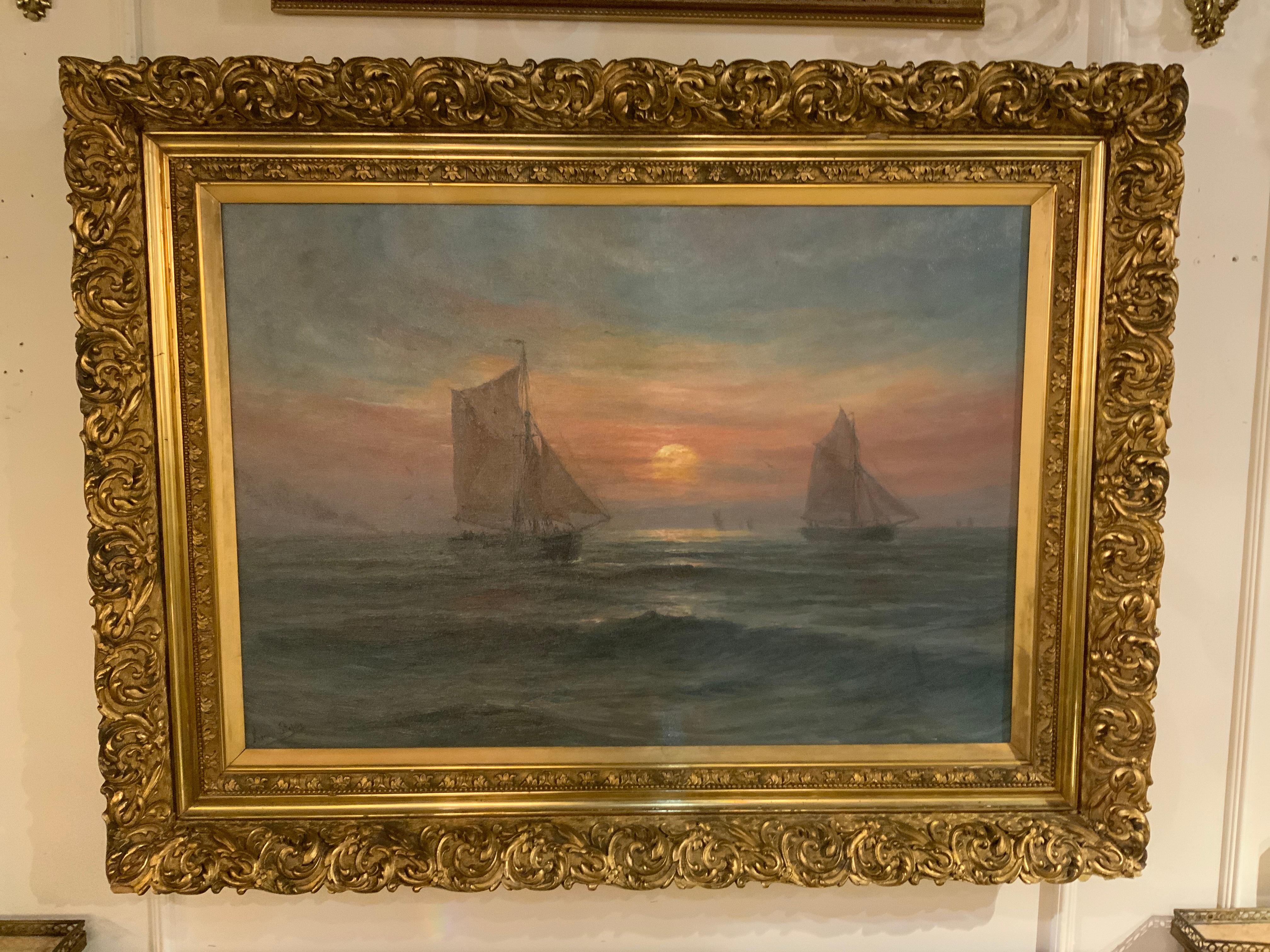19th Century Oil on Canvas, Ships at Sunset Signed Lower Left 