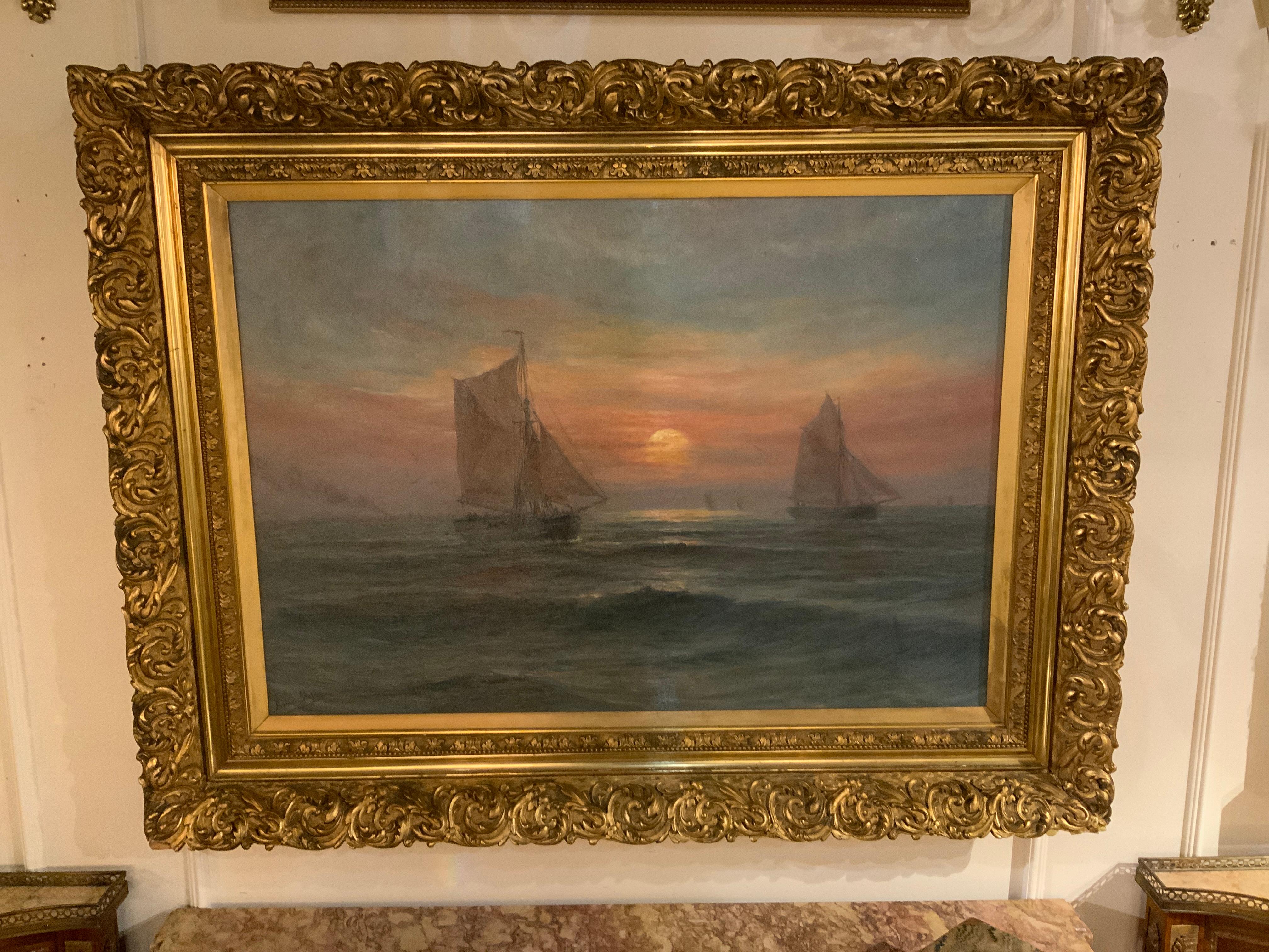 Paint Oil on Canvas, Ships at Sunset Signed Lower Left 