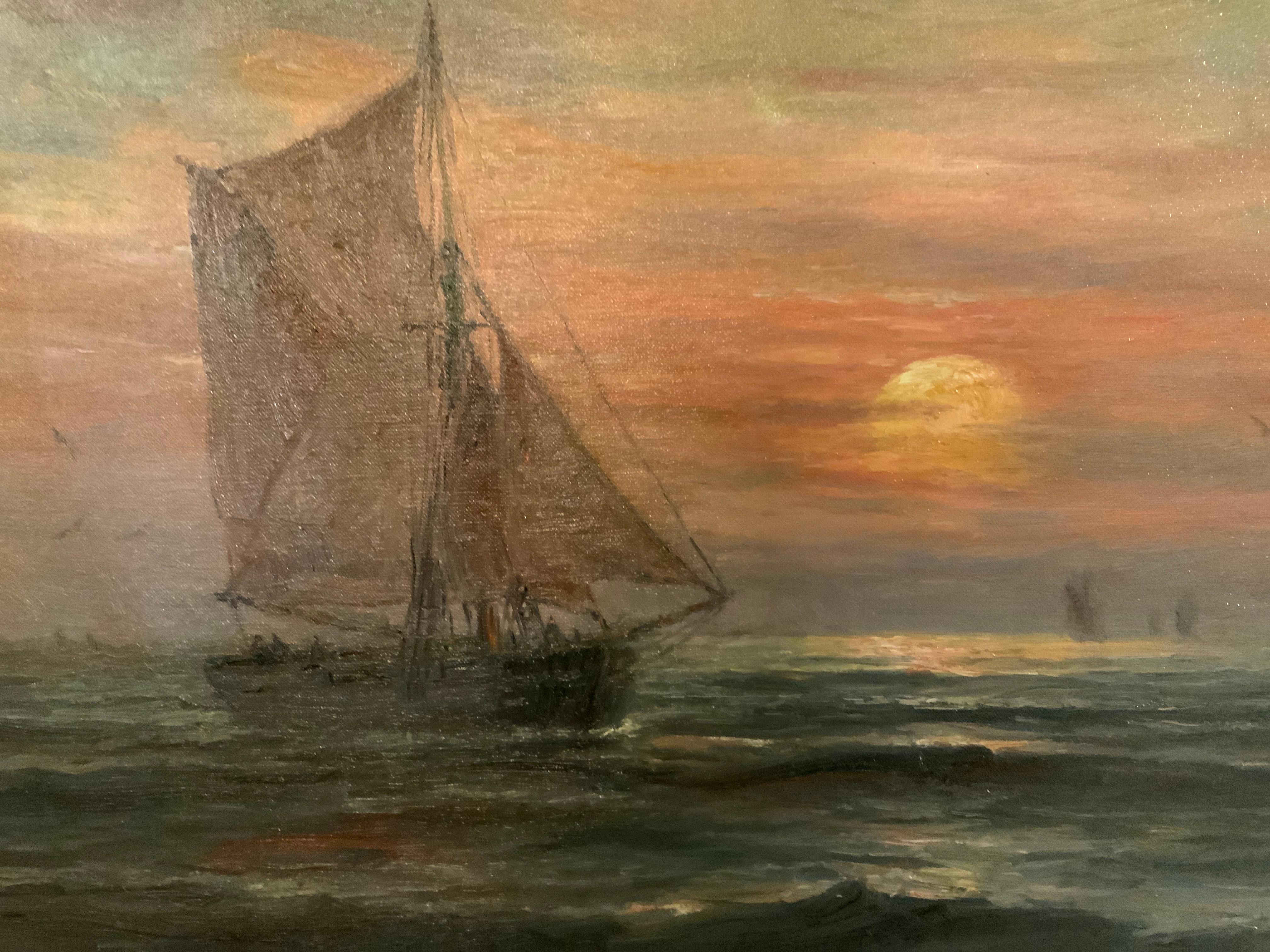 Oil on Canvas, Ships at Sunset Signed Lower Left 