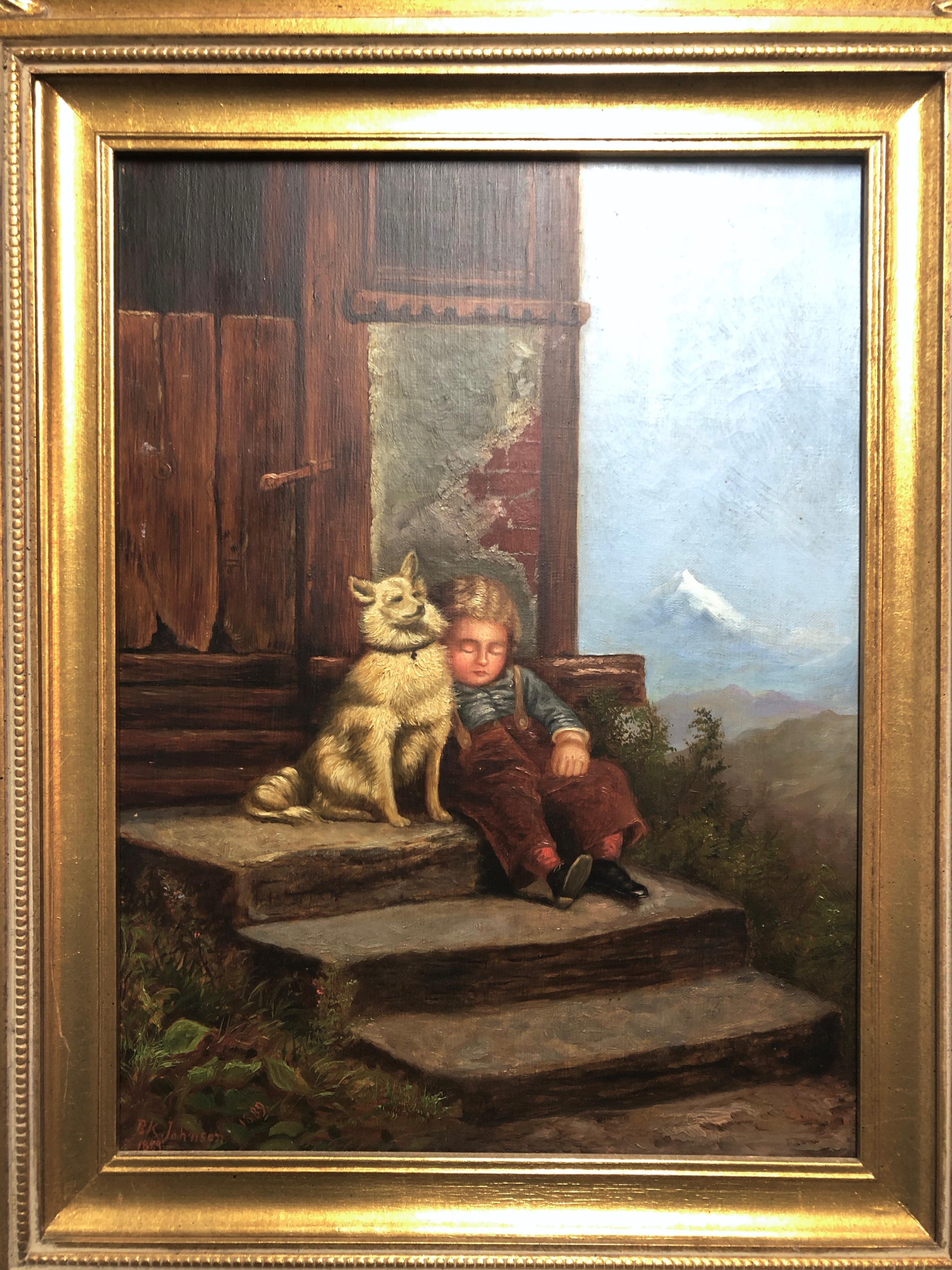 This is a lovely framed oil on canvas painting of a boy asleep on the house steps while leaning on his white dog. It is signed by B.K. Johnson and dated 1889. The frame is a wood gilded frame that nicely compliments the work of art and is 22.5 x