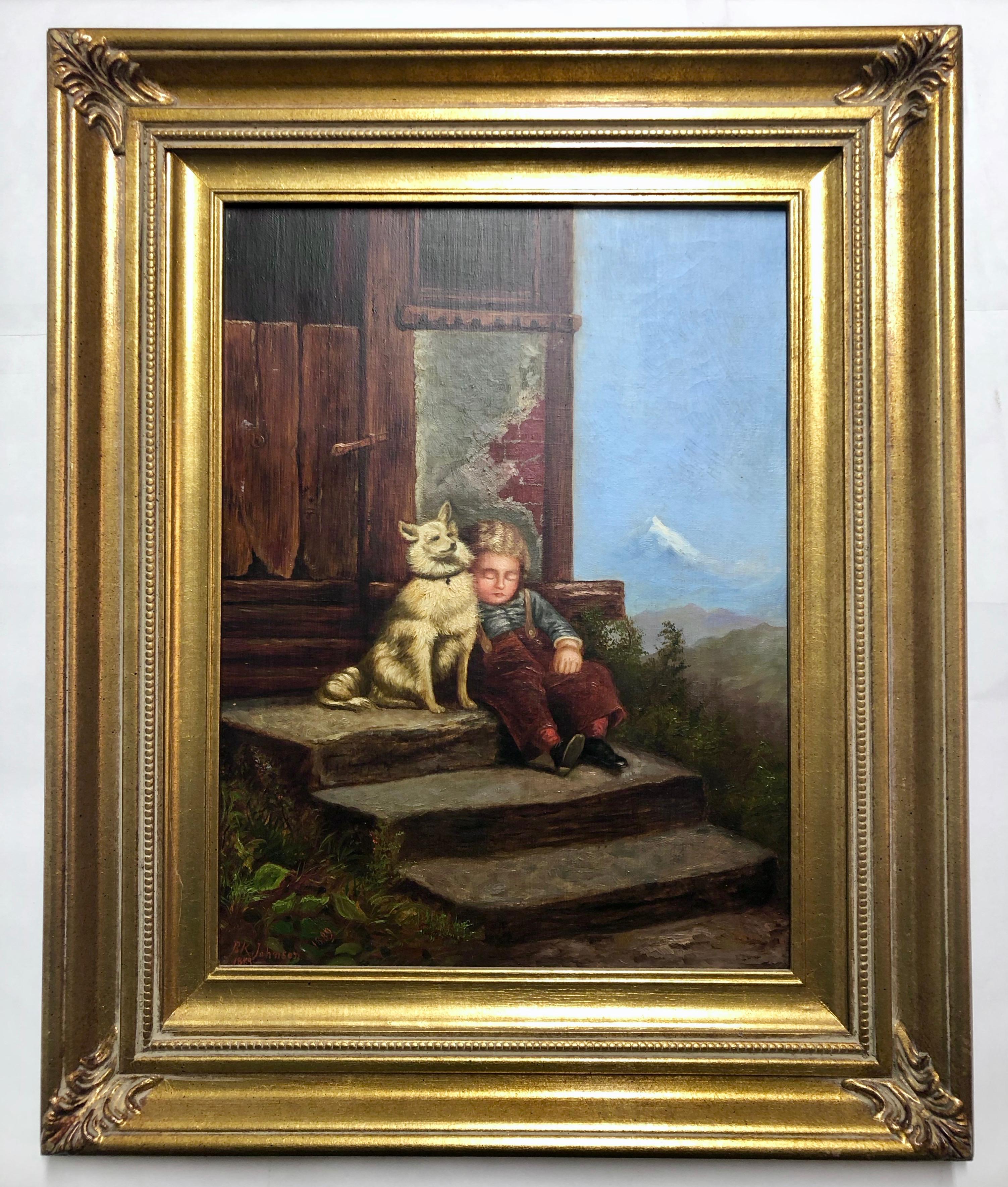 American Oil on Canvas, Signed B.K. Johnson, Boy Asleep Holding His Dog on Step, 1800s