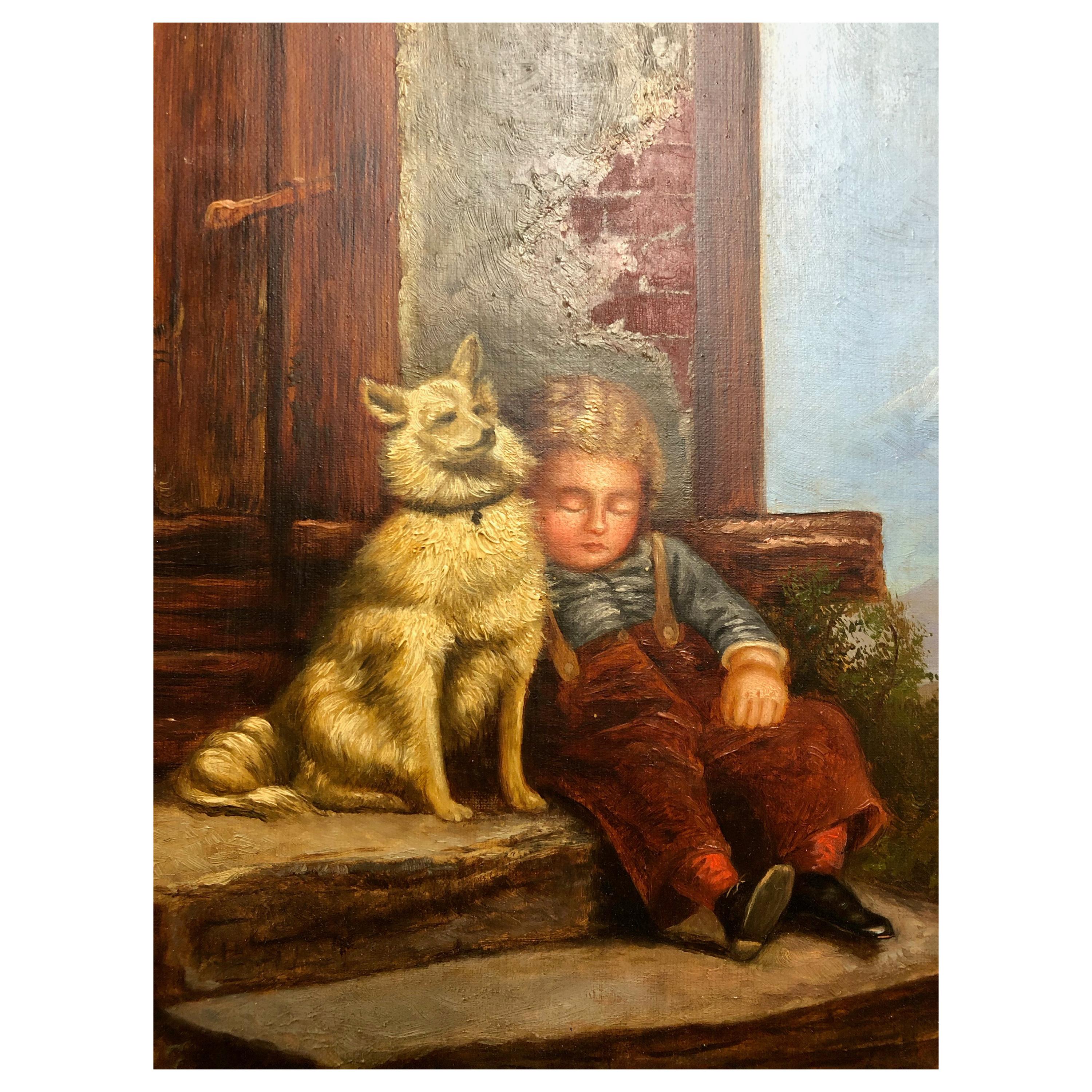 Oil on Canvas, Signed B.K. Johnson, Boy Asleep Holding His Dog on Step, 1800s