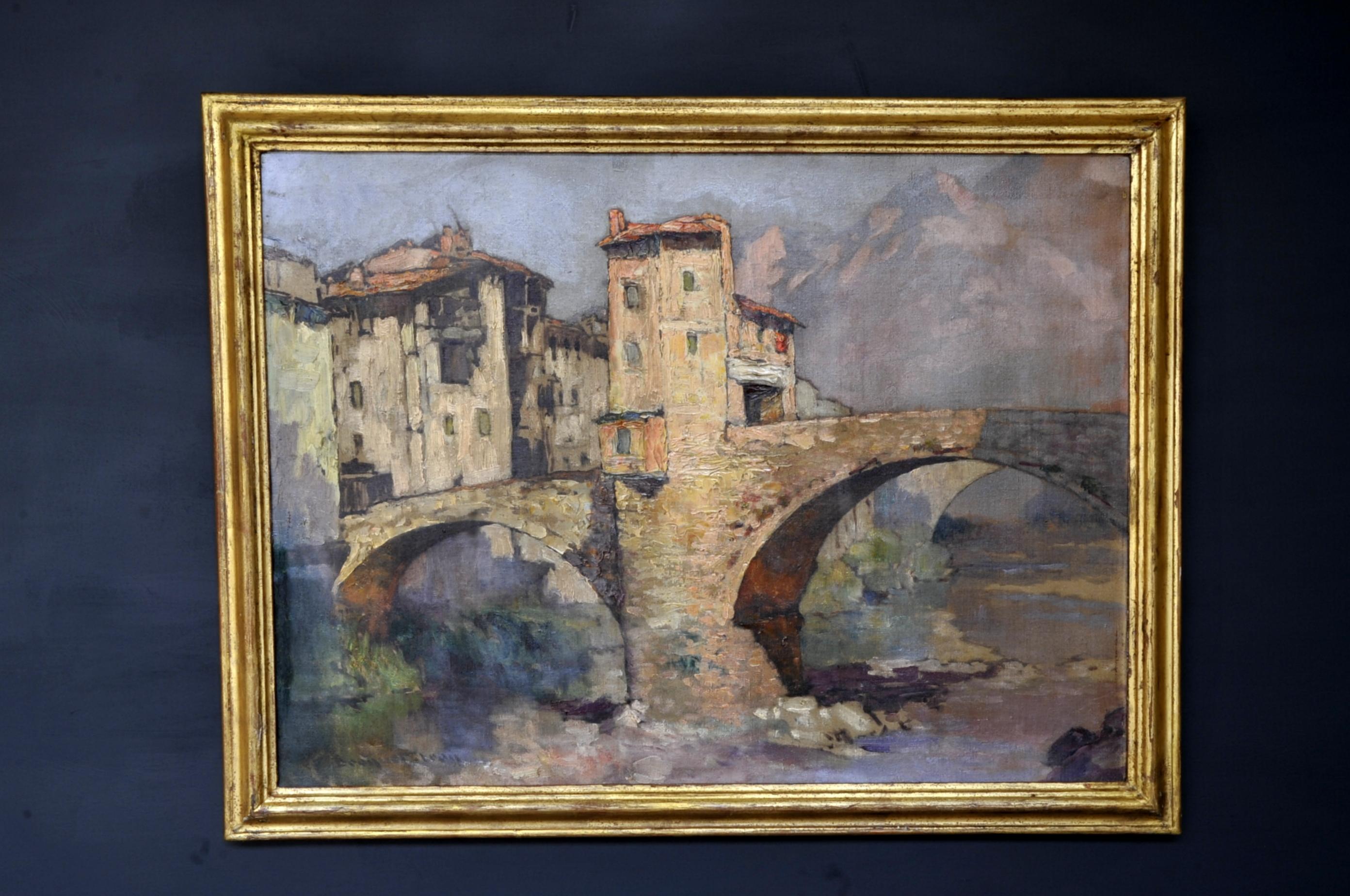 Léon Broquet (1869-1935) 

Oil on canvas representing the old bridge at Sospel in the Alpes Maritimes (FRANCE).

We can make out the alps mountains in the background. Beautiful colors. The architectural parts such as the fortified bridge and the