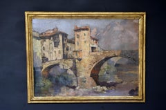 Oil on Canvas Signed Léon Broquet, the Old Bridge in Sospel