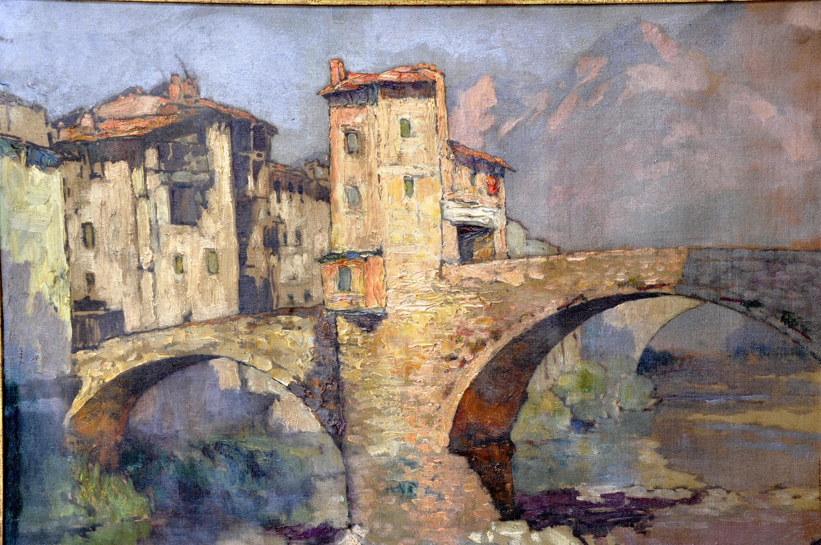 Modern Oil on Canvas Signed Léon Broquet, the Old Bridge in Sospel For Sale