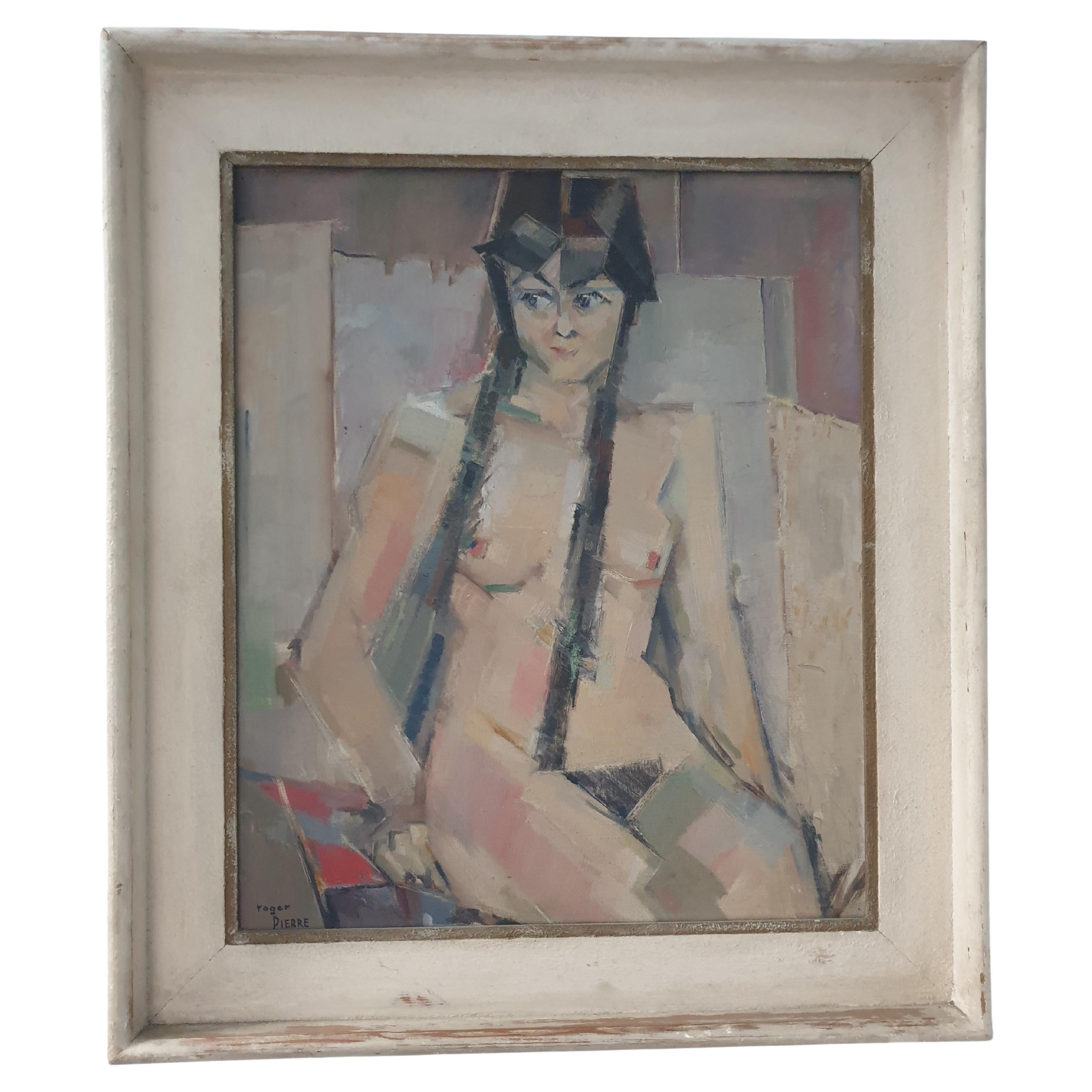 Insolito olio su tela in stile cubista firmato Roger Pierre. Sebbene sia in stile cubista, i colori e la sensazione dell'opera suggeriscono che potrebbe essere stata dipinta negli anni Quaranta. Questa fresca tavolozza di colori era più popolare in
