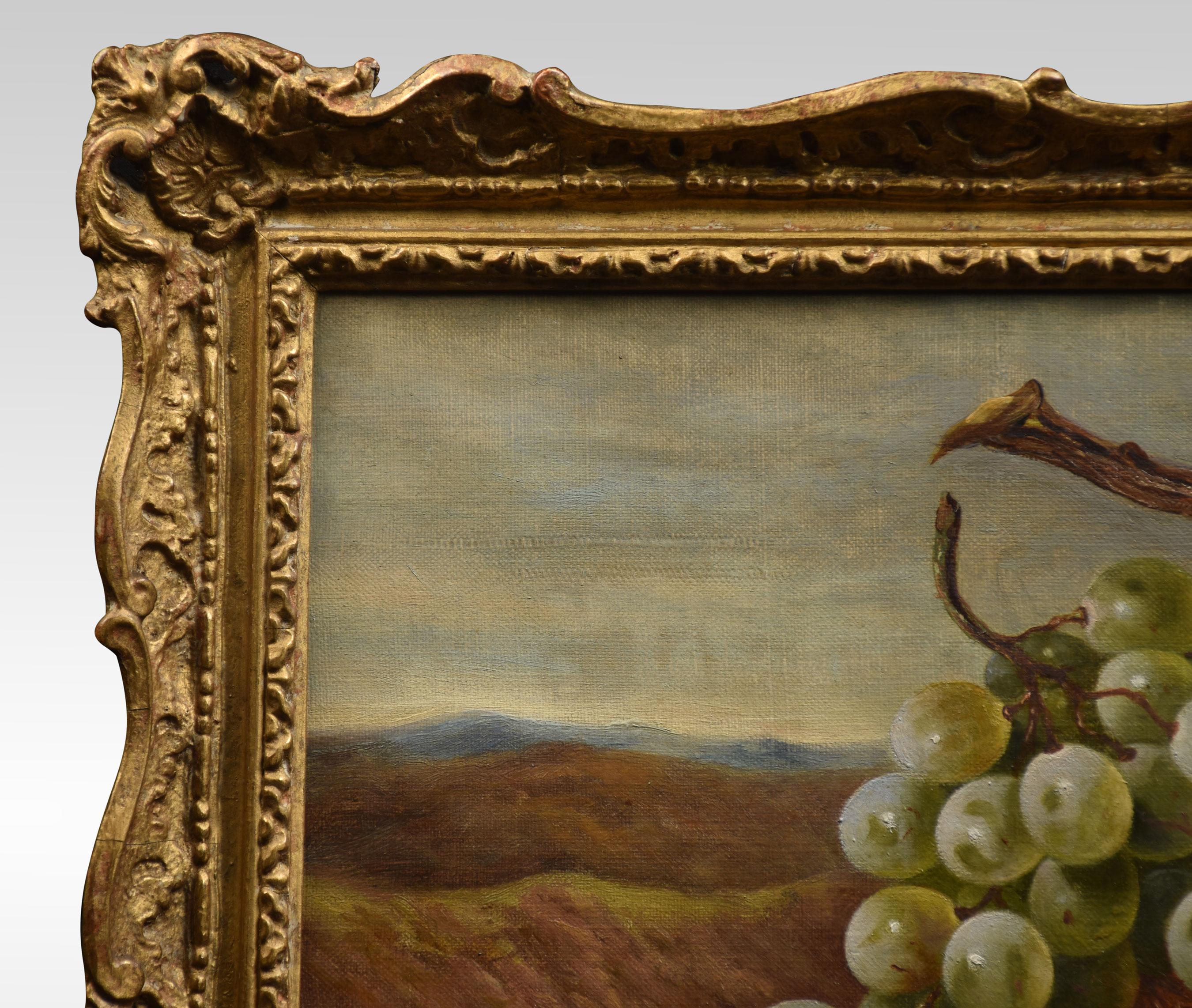 Oil on canvas gilt-framed still life of fruit, signed Thomas Hooper.
Dimensions
Height 18 inches
Width 25 inches
Depth 1.5 inches.