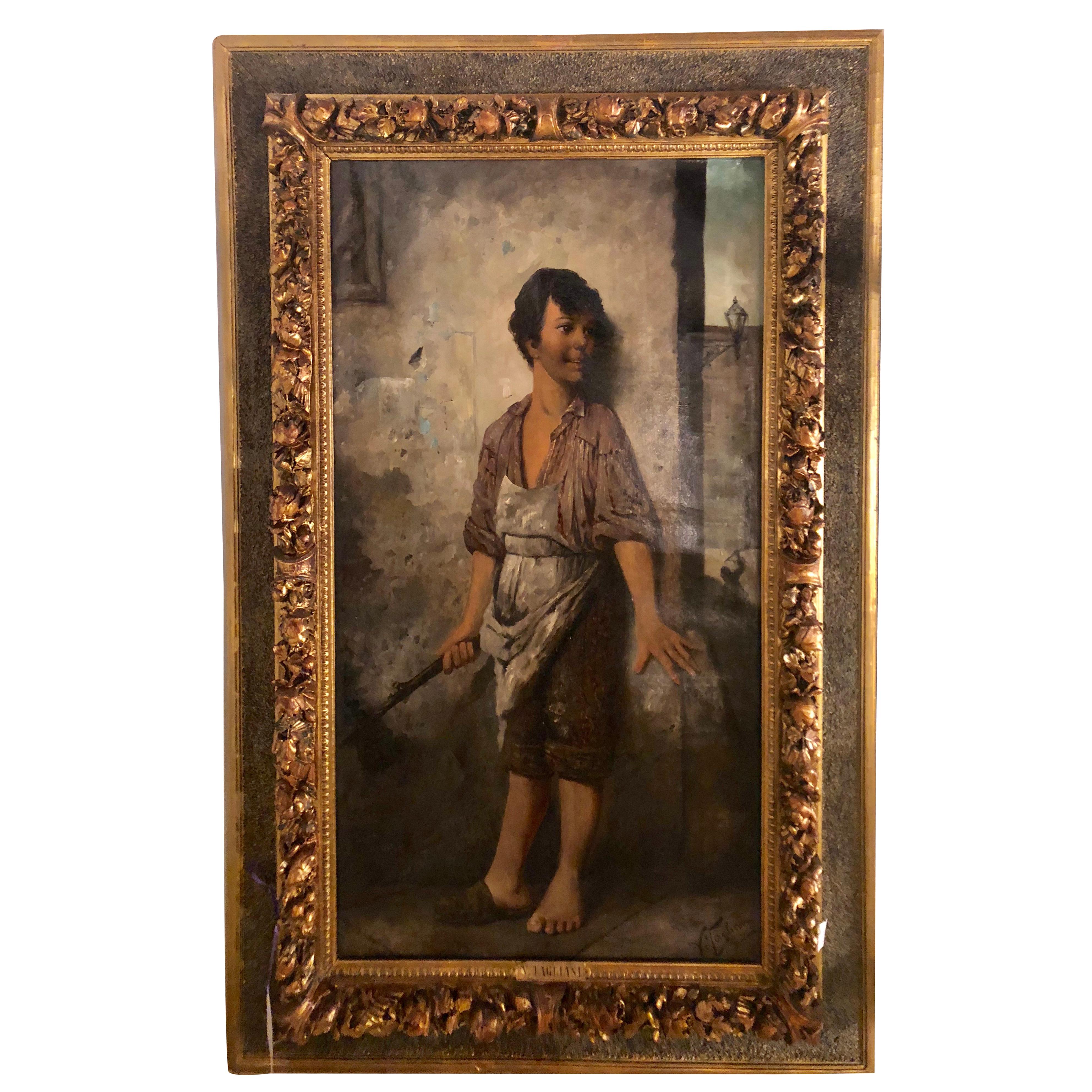 Oil on Canvas Signed V.Taeliani Finely Detailed of the Butchers Son 19th Century