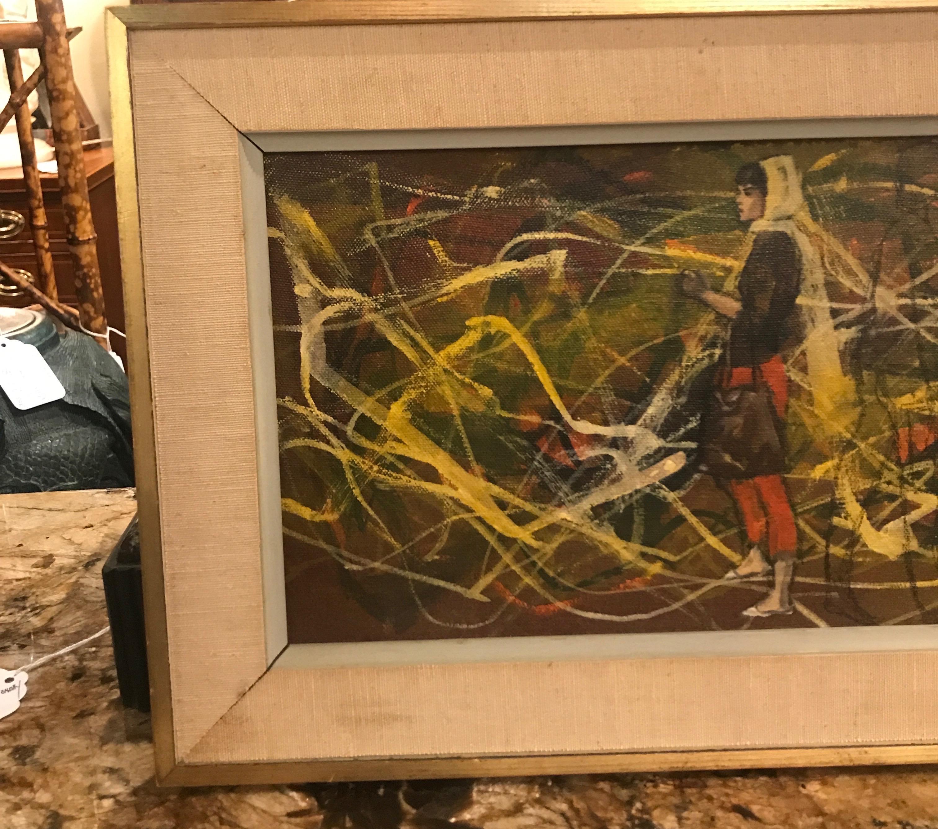 Mid-Century Modern abstract oil on canvas in original fame by Louis Zansky 1961. Signed on lower corner and on back and titled 