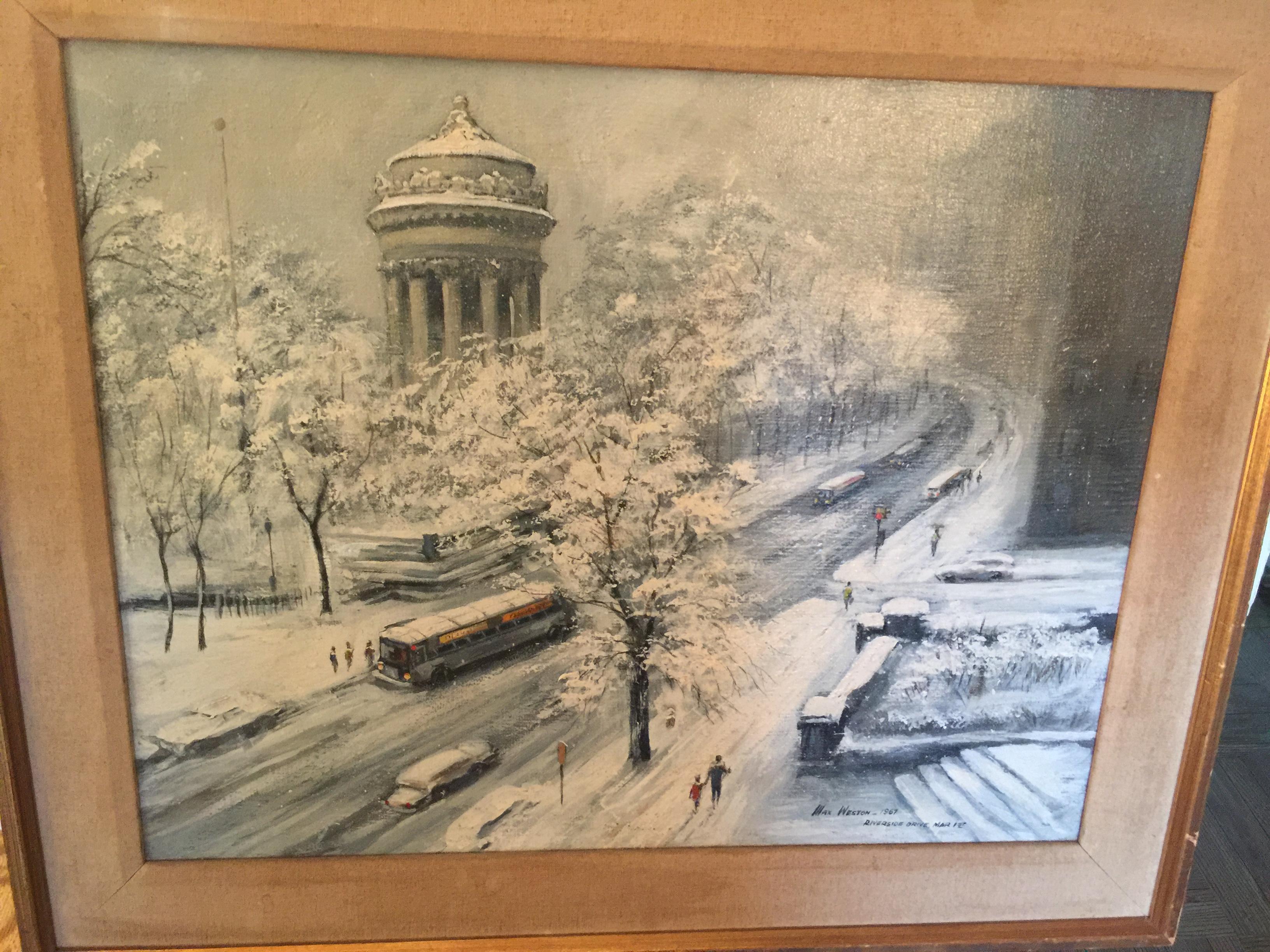 Snowy Day Soldiers & Sailors Monument, Riverside Drive, N Y C Oil on canvas
Winter 1967, MAX WESTON 1967 Riverside Drive Mar 1st

VERSO: MONDAY MORN. Mar 1st 1978
RIVERSIDE DRIVE, N.Y. SOLDIERS AND SAILORS MONUMENT 88TH&89TH STREET. 
PAINTED BY