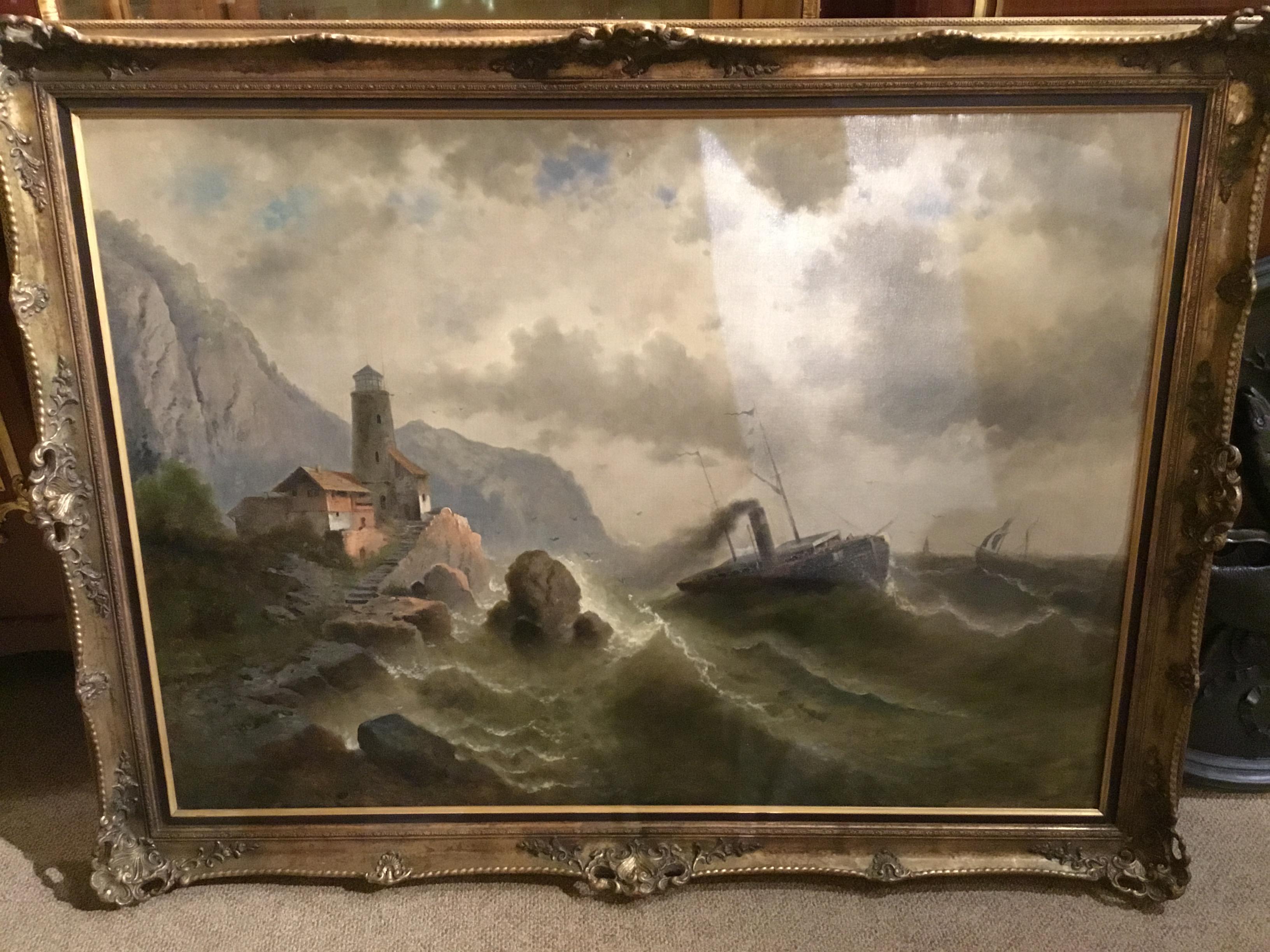Swiss Painting  “ Steamship in a stormy Sea” 1850 Attributed to Albert Rieger