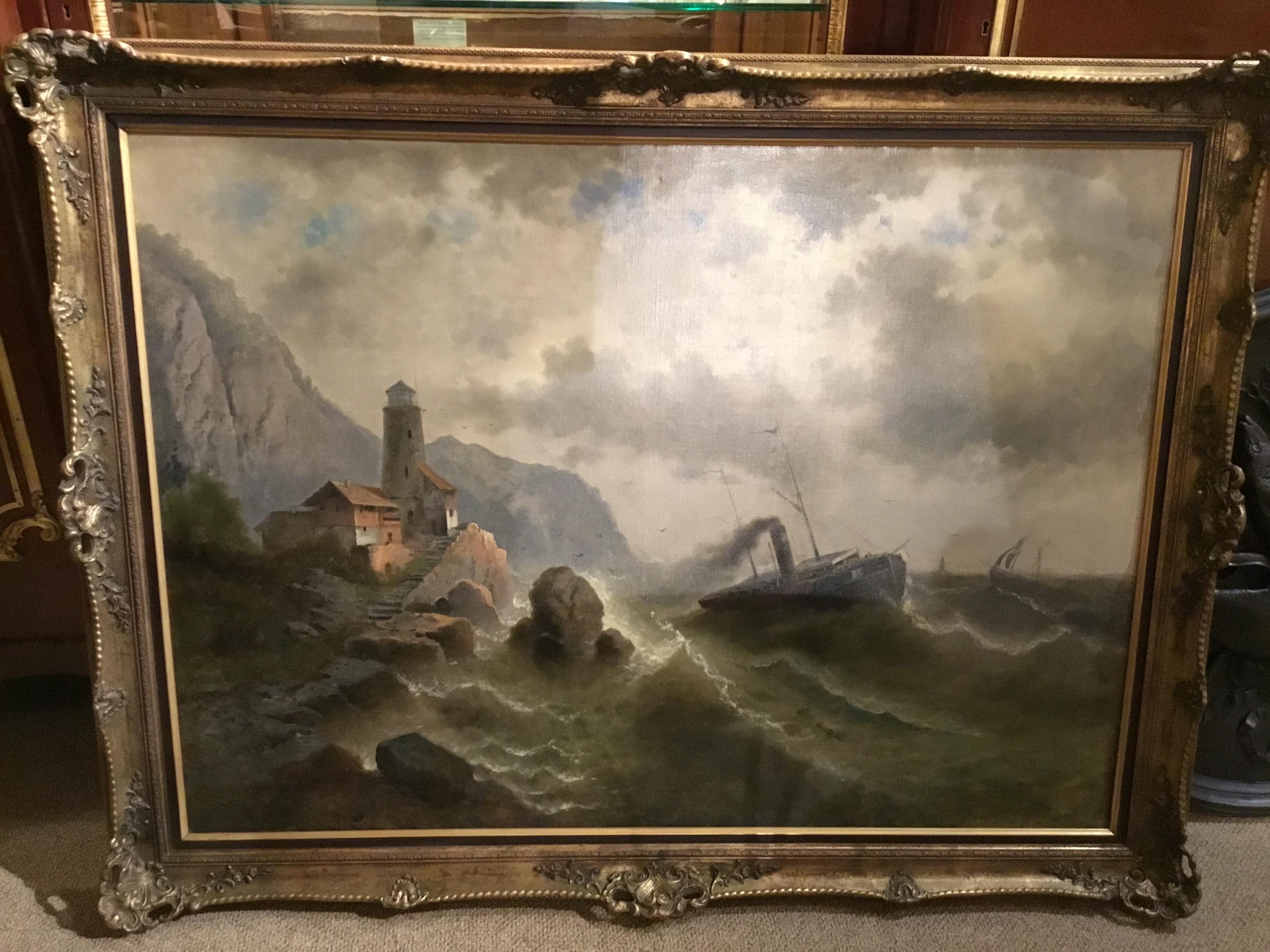 Painting  “ Steamship in a stormy Sea” 1850 Attributed to Albert Rieger In Good Condition In Houston, TX