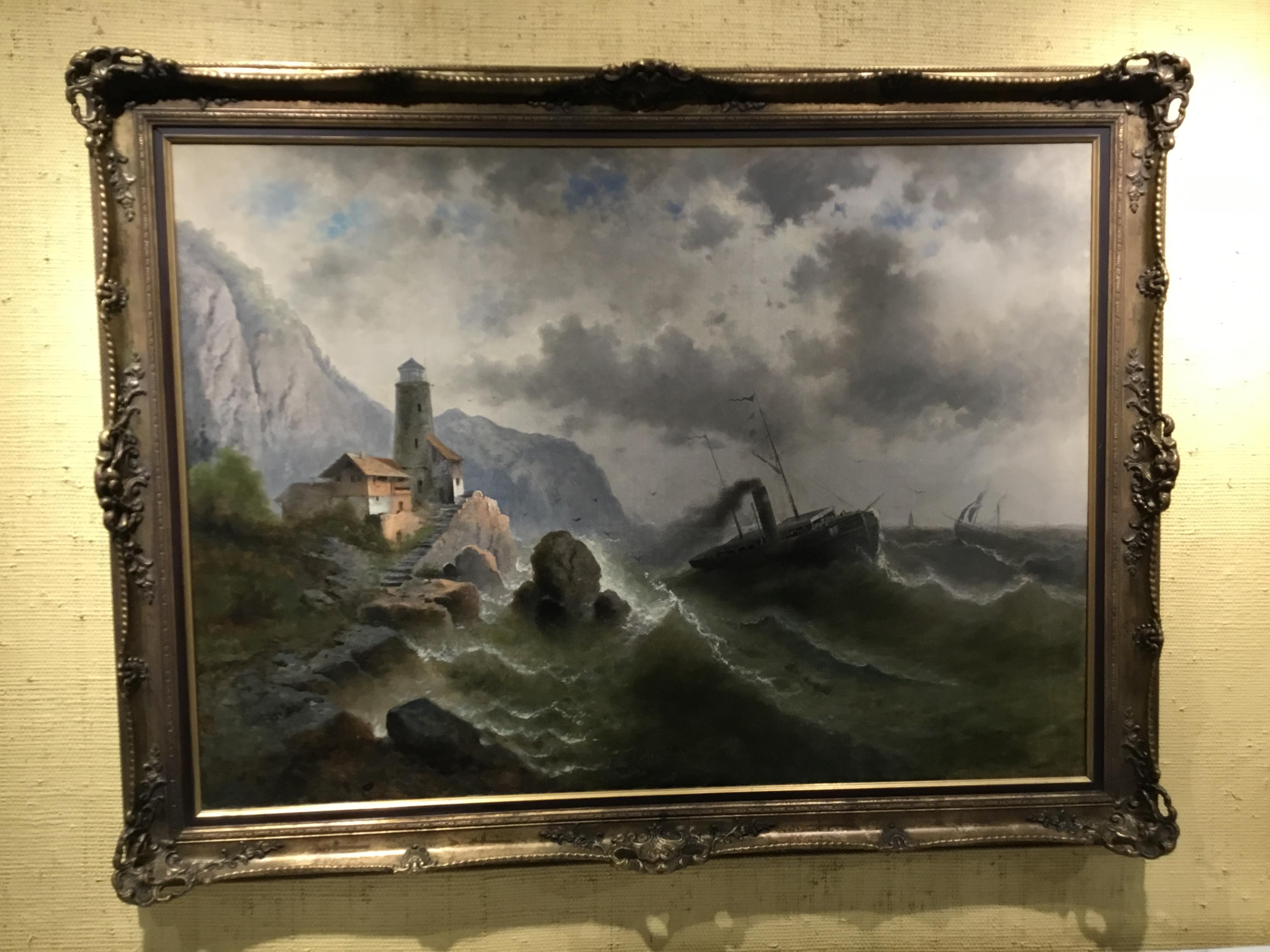19th Century Painting  “ Steamship in a stormy Sea” 1850 Attributed to Albert Rieger
