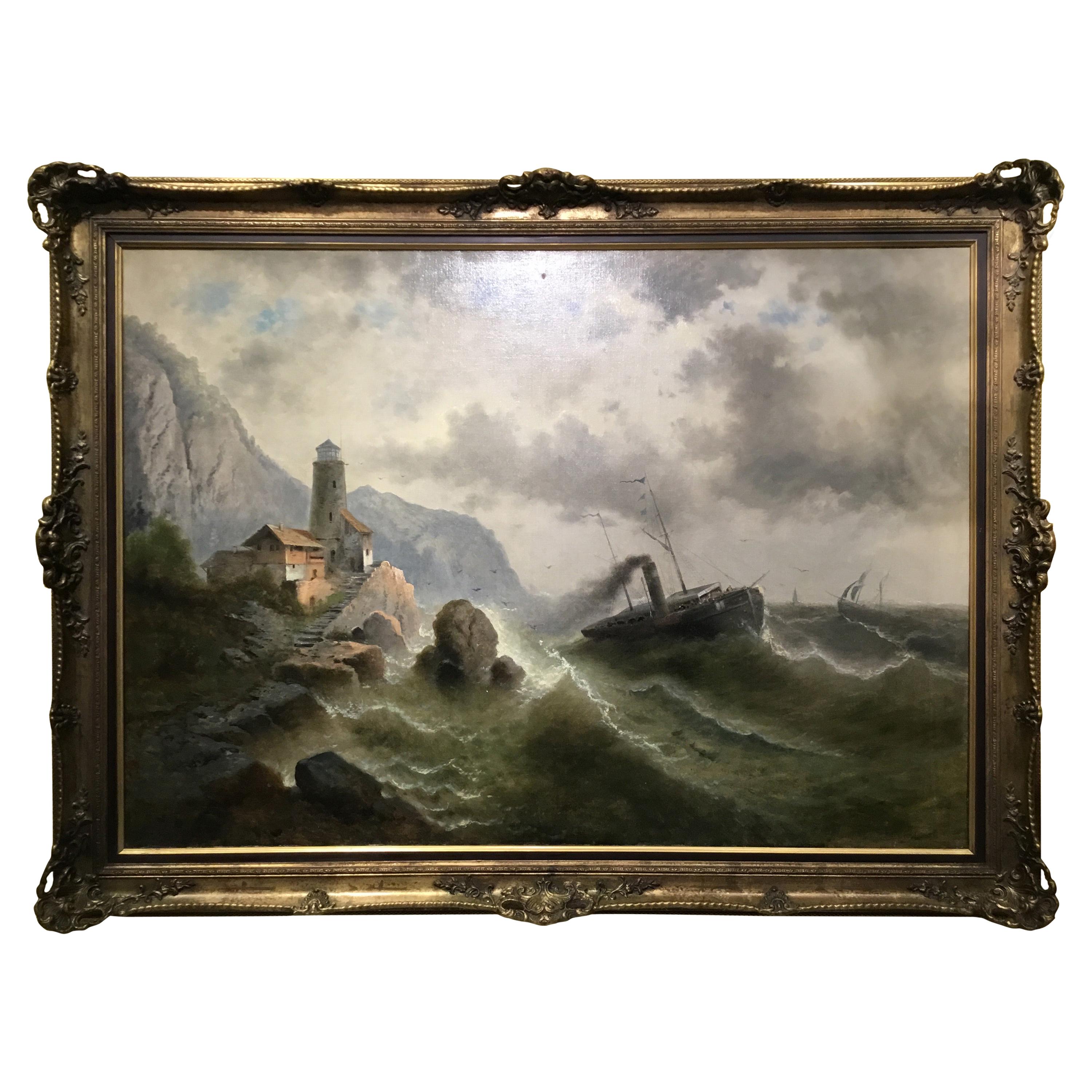 Painting  “ Steamship in a stormy Sea” 1850 Attributed to Albert Rieger