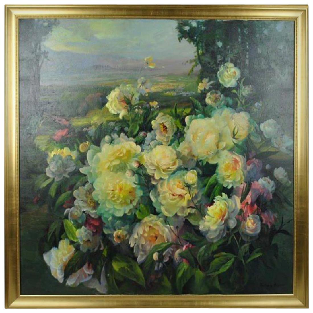 Oil on Canvas Still Life Floral Peonies Landscape
