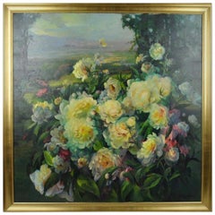 Vintage Oil on Canvas Still Life Floral Peonies Landscape