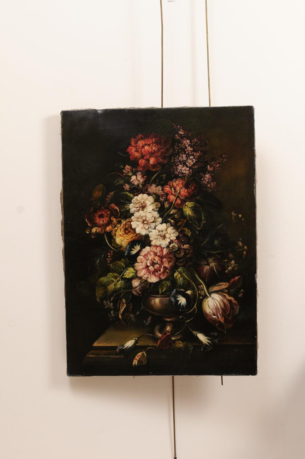 20th century oil on canvas still life painting with black ground and flower bouquet. Unframed.