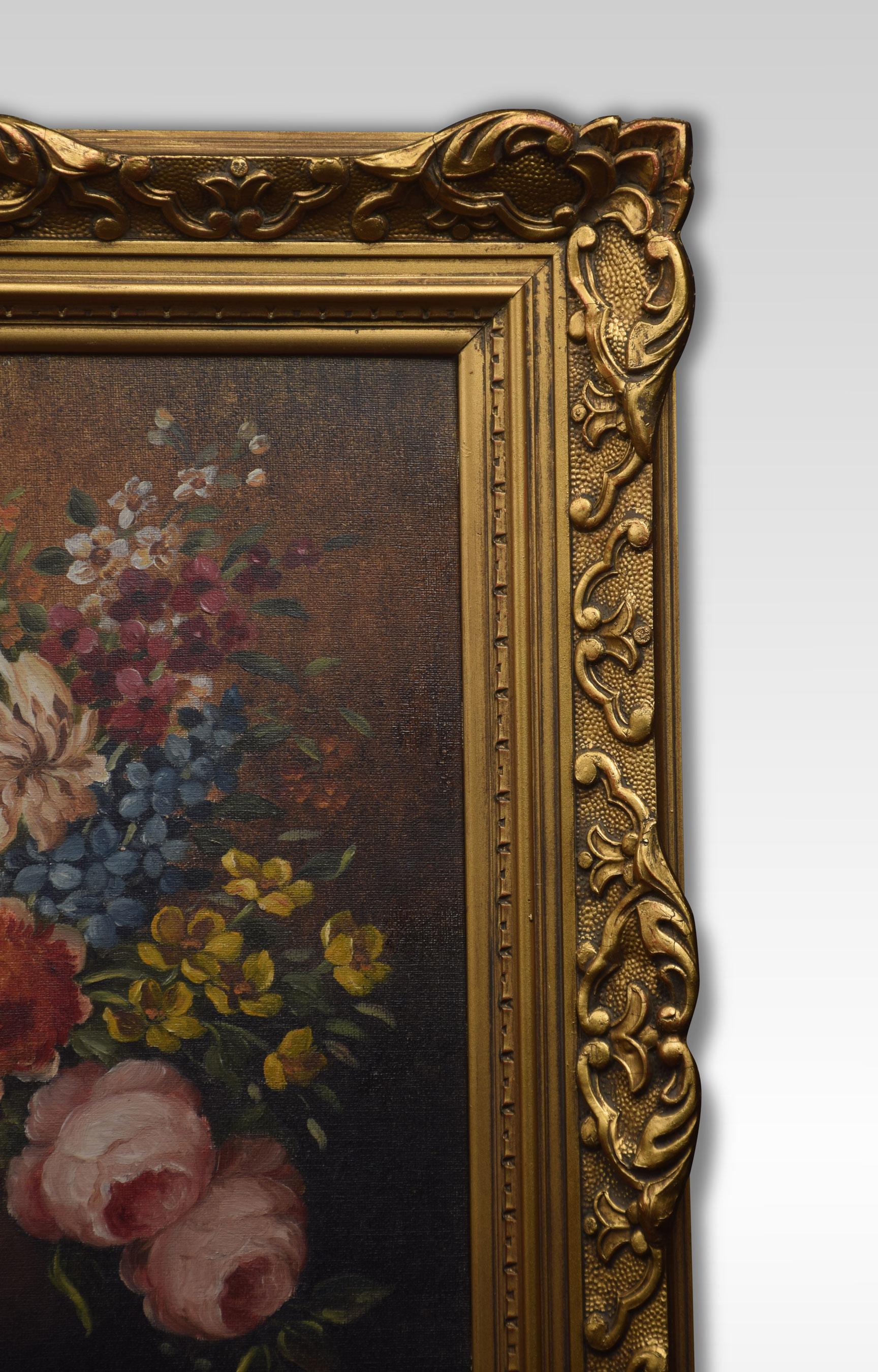 Still life of flowers signed J van Neesen encased in gilt frame.
Dimensions:
Height 26 inches
Width 22 inches
Depth 2 inches.