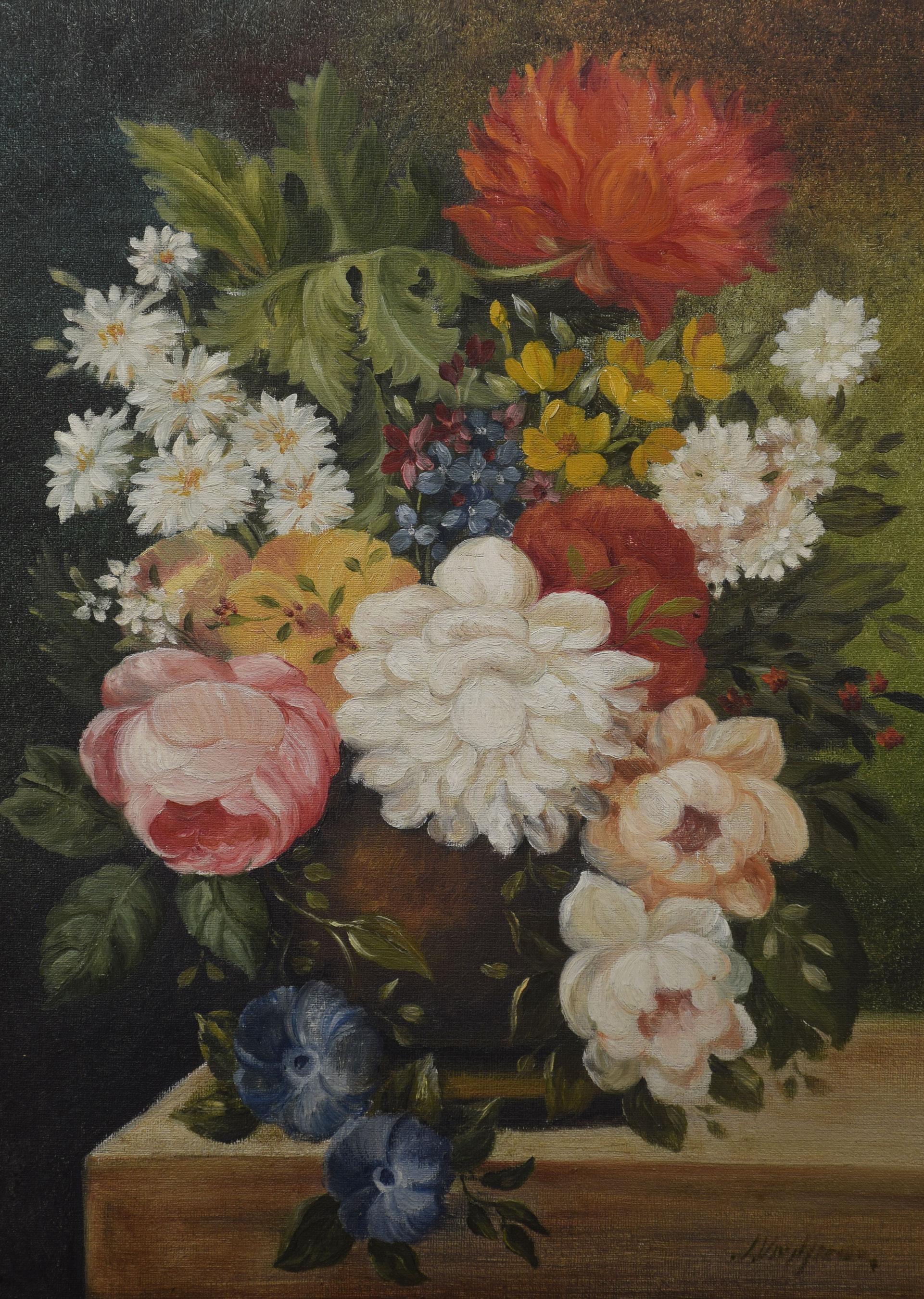 Still life of flowers signed J van Neesen encased in gilt frame.
Dimensions
Height 27.5 inches
Width 24 inches
Depth 1.5 inches.