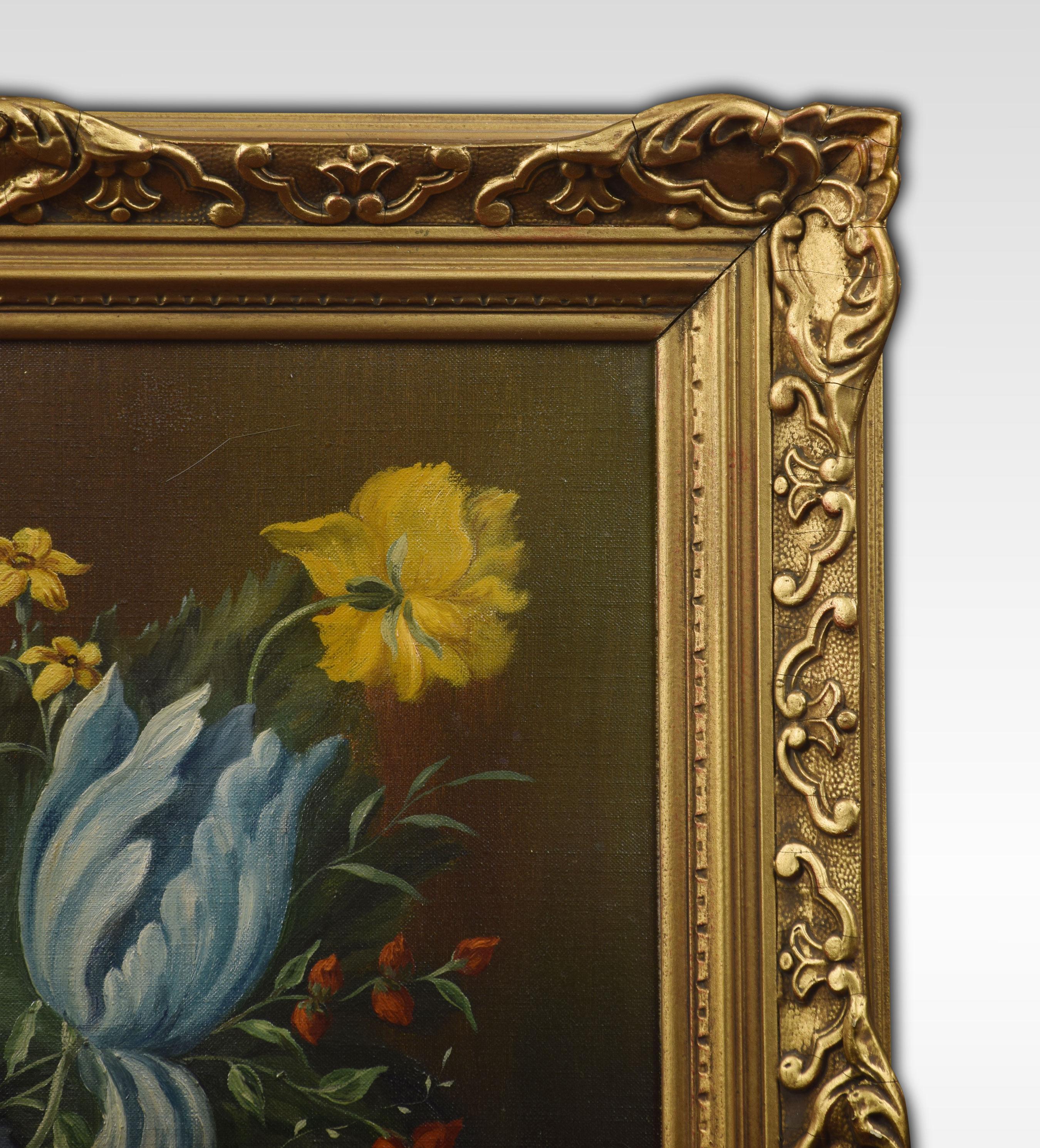 Still life of flowers signed J van Neesen encased in gilt frame.
Dimensions
Height 30.5 inches
Width 26 inches
Depth 1.5 inches.
