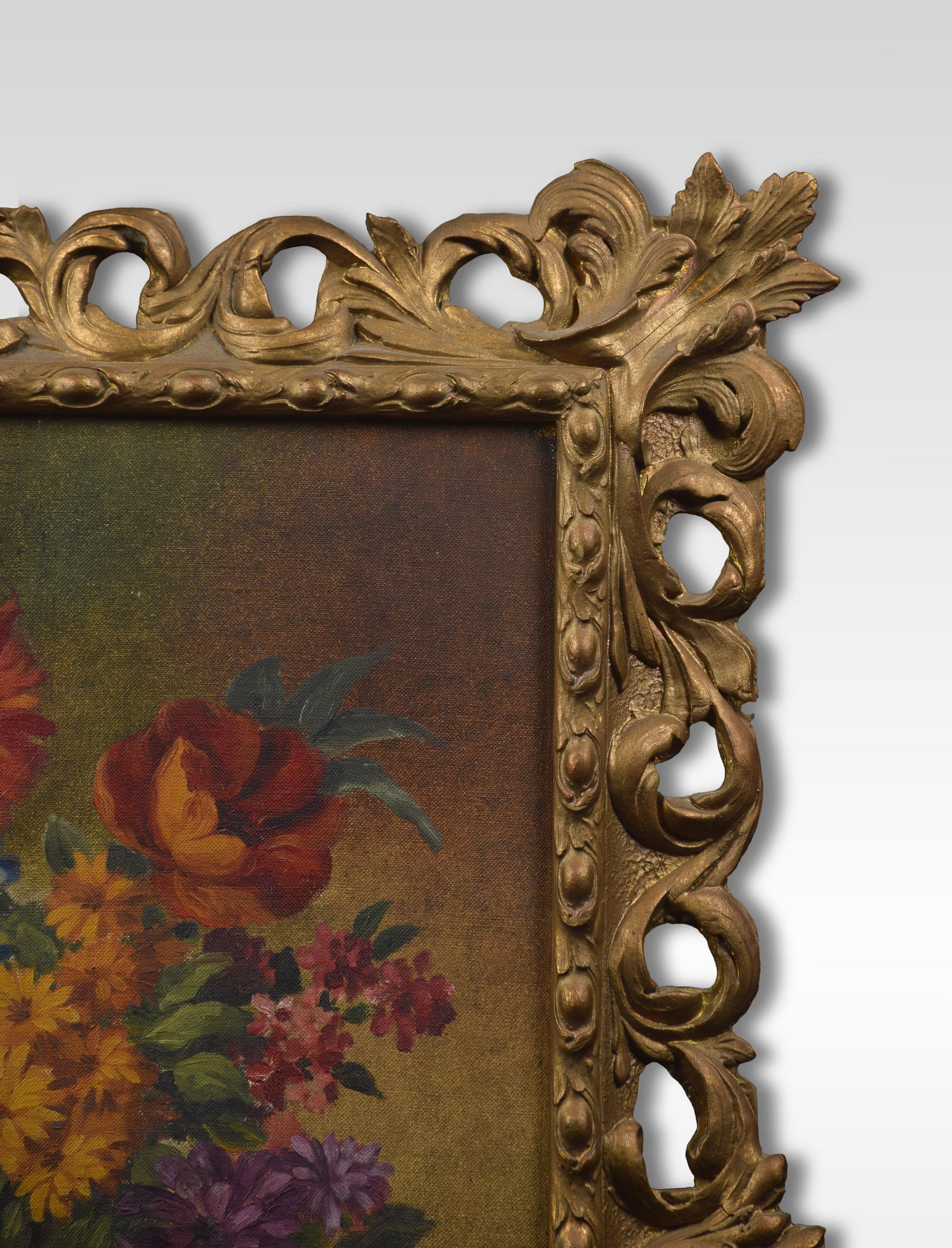 Still life of flowers signed J van Neesen encased in gilt frame.
Dimensions
Height 31.5 inches
Width 28 inches
Depth 1.5 inches.