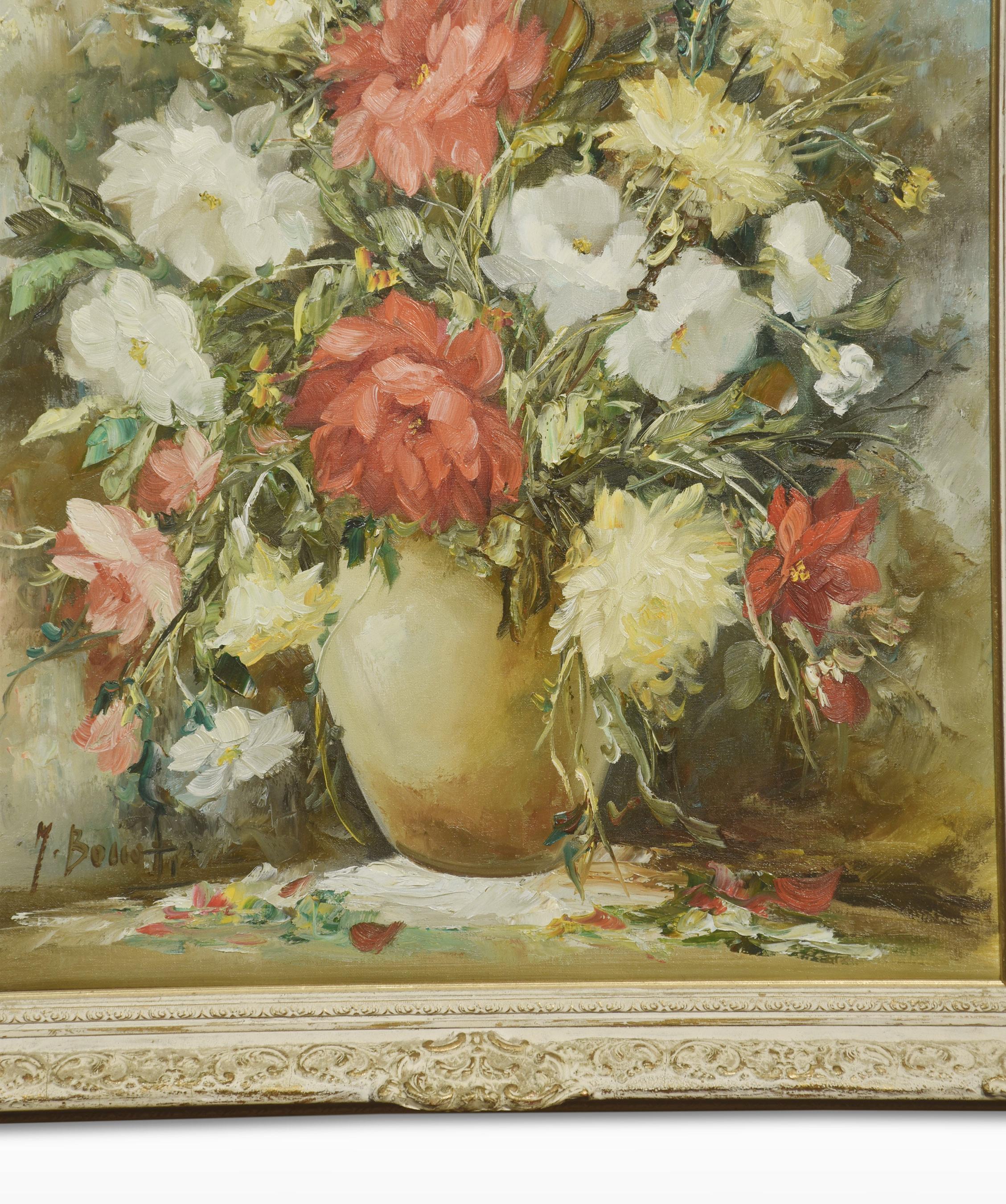 Still life with flowers in a vase, oil on canvas, signed Manuela Bonati encased in carved frame.
Dimensions
Height 28 Inches
Width 24 Inches
Depth 2 Inches.