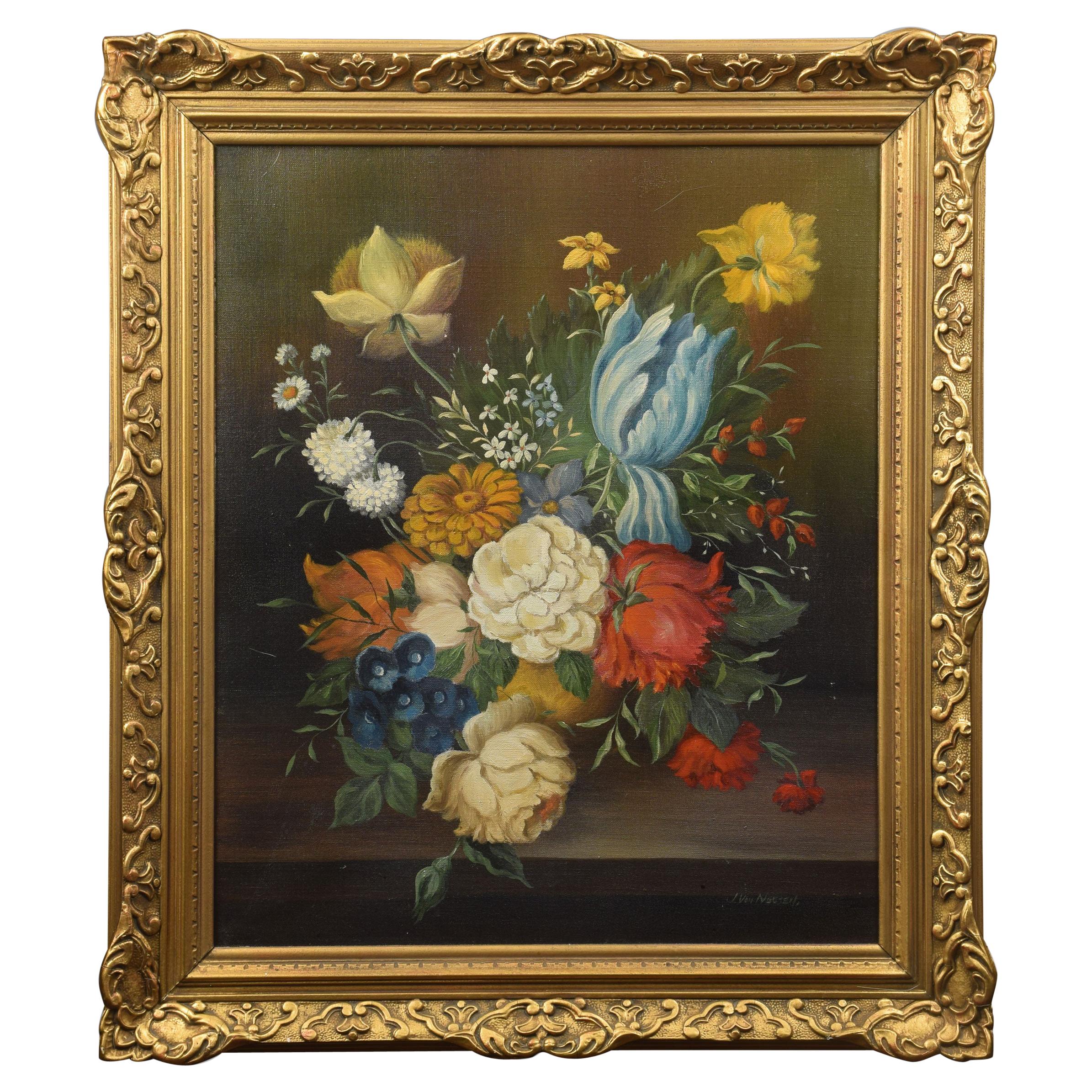 Oil on Canvas Still Life of Flowers