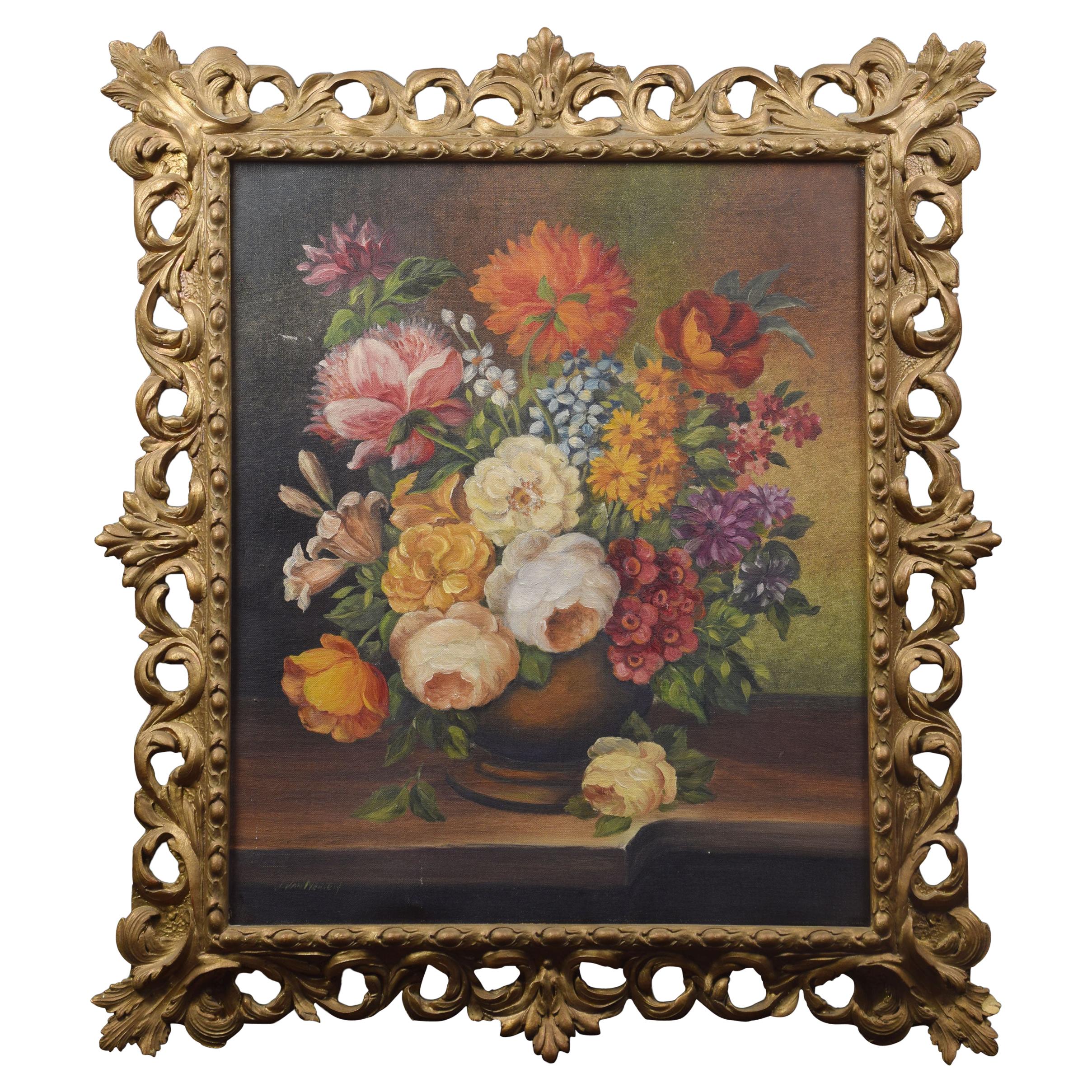 Oil on Canvas Still Life of Flowers