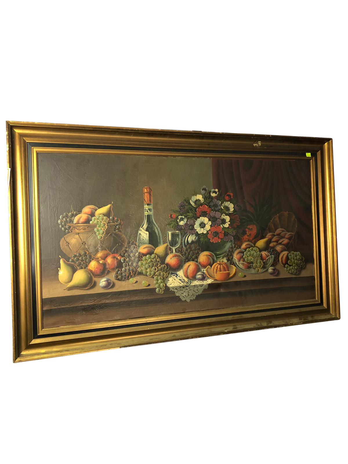 Oil on canvas still life of fruit & wine, signed, 20th century. A superb wide oil painting of a bottle of wine, glass and selection of exotic fruit, in great detail and elegance.