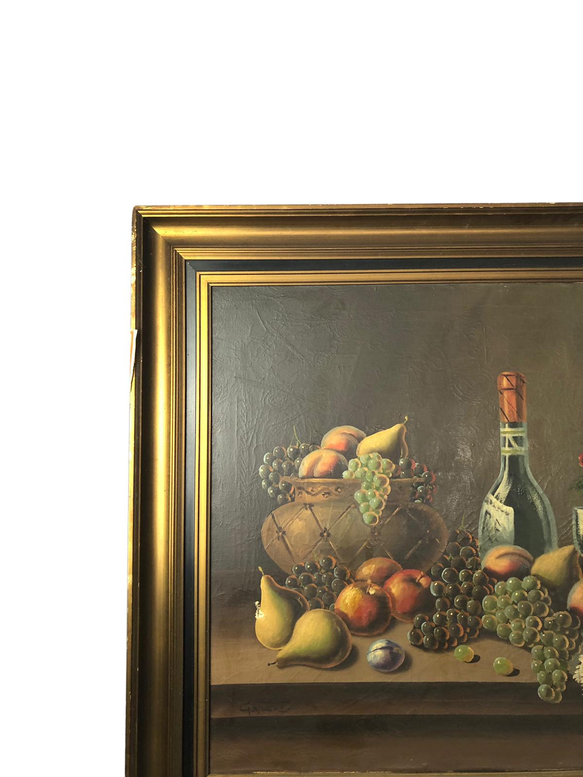 European Oil on Canvas Still Life of Fruit and Wine, Signed, 20th Century For Sale