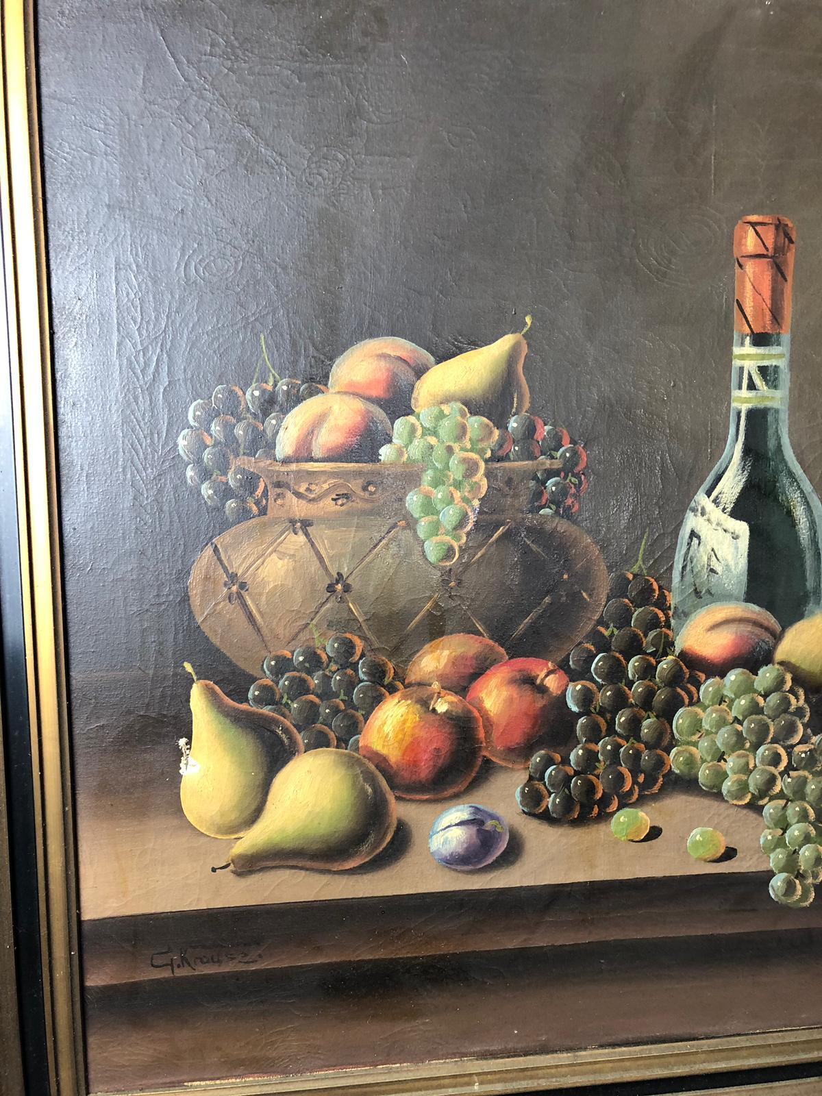 Oil on Canvas Still Life of Fruit and Wine, Signed, 20th Century In Good Condition For Sale In London, GB