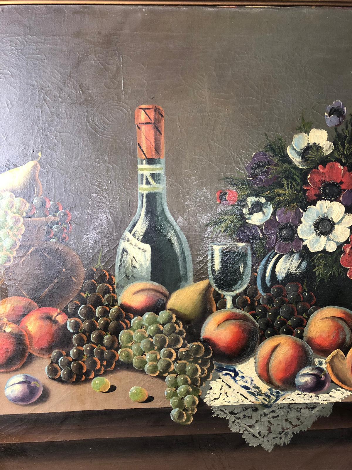 Oil on Canvas Still Life of Fruit and Wine, Signed, 20th Century For Sale 1