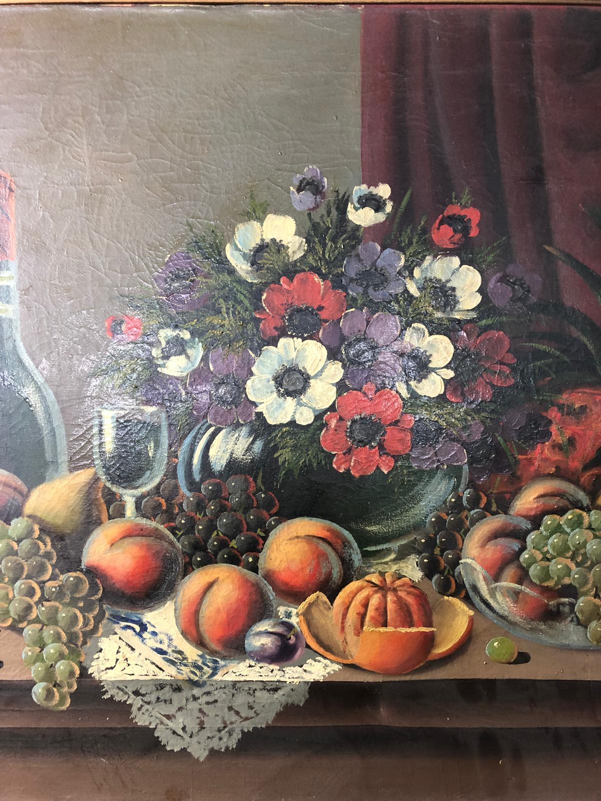 Oil on Canvas Still Life of Fruit and Wine, Signed, 20th Century For Sale 2