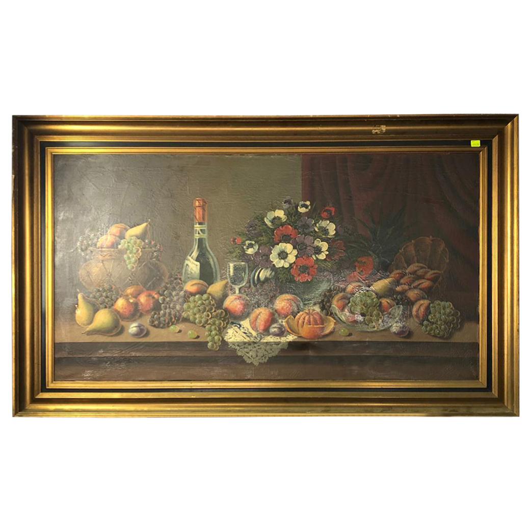 Oil on Canvas Still Life of Fruit and Wine, Signed, 20th Century For Sale