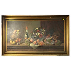 Oil on Canvas Still Life of Fruit and Wine, Signed, 20th Century