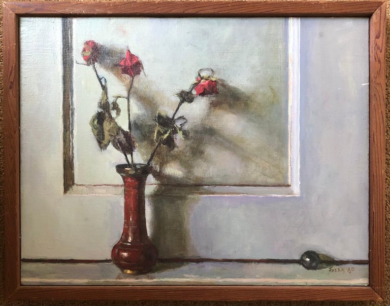 Oil on canvas still life original painting by listed artist Doug Ferrin, circa 1980. The piece has a photo quality about it in addition to wonderful shadowing. It is presented in a rustic natural wood frame and measures 19.5