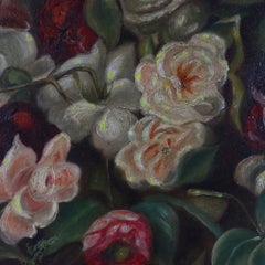 Oil On Canvas Still Life Painting Of Peonies In A Straw Hat c1840