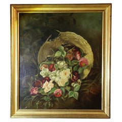 Oil On Canvas Still Life Painting Of Peonies In A Straw Hat c1840