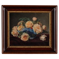 Oil On Canvas Still Life Painting of Yellow Roses by Emma Mulvad dated 1886