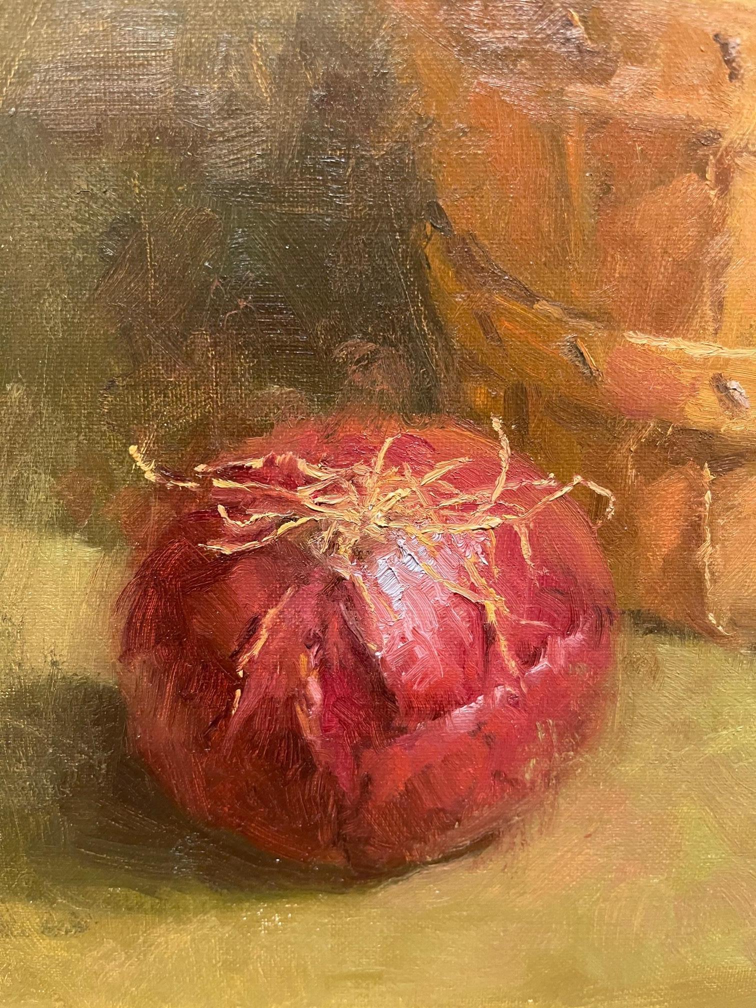 Nature morte à l'huile sur toile « Onion rouge » de Sue Foell en vente 1
