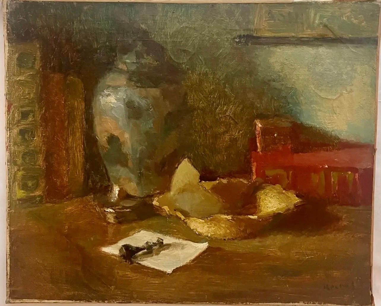 Olio su tela, natura morta con libri e vaso, segno Reinar 1940 Francia
Questo dipinto rappresenta dei libri, un vaso gigembre orientale, un piatto e un sigillo posizionati su un foglio di carta.
L'effetto ovattato di questo quadro offre un'atmosfera