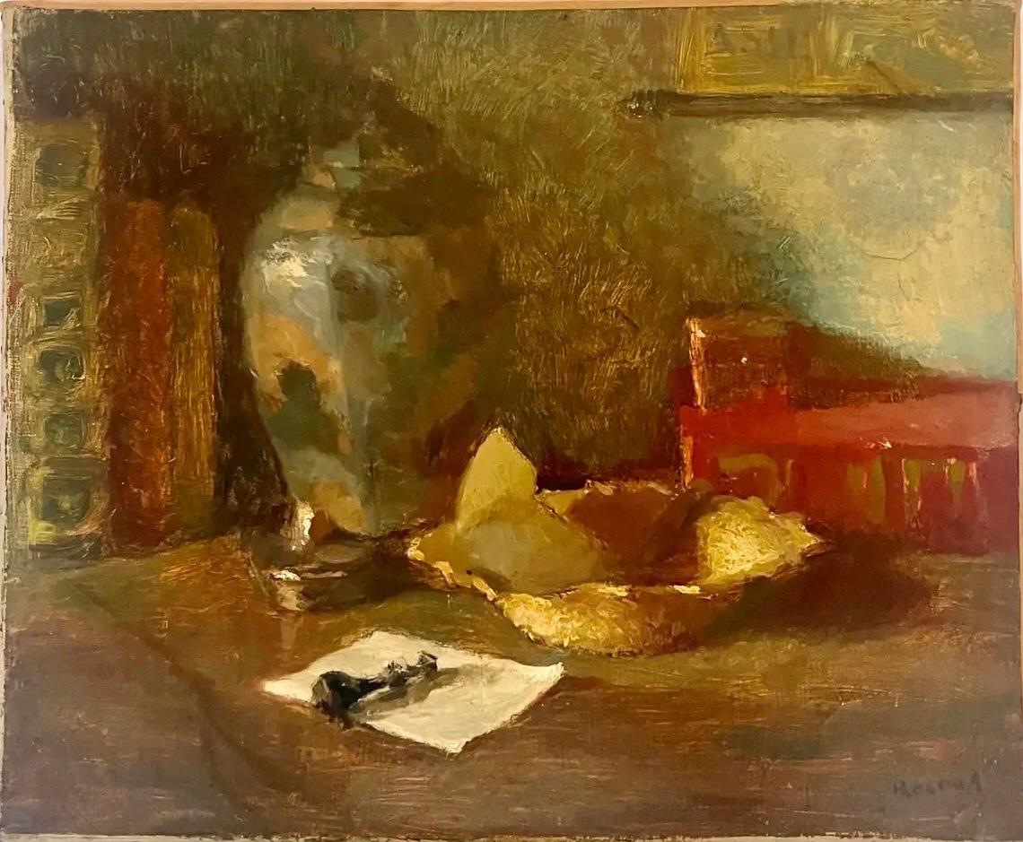 Francese Olio su tela Natura morta con libri e pentola Segno Reinar 1940 Francia in vendita