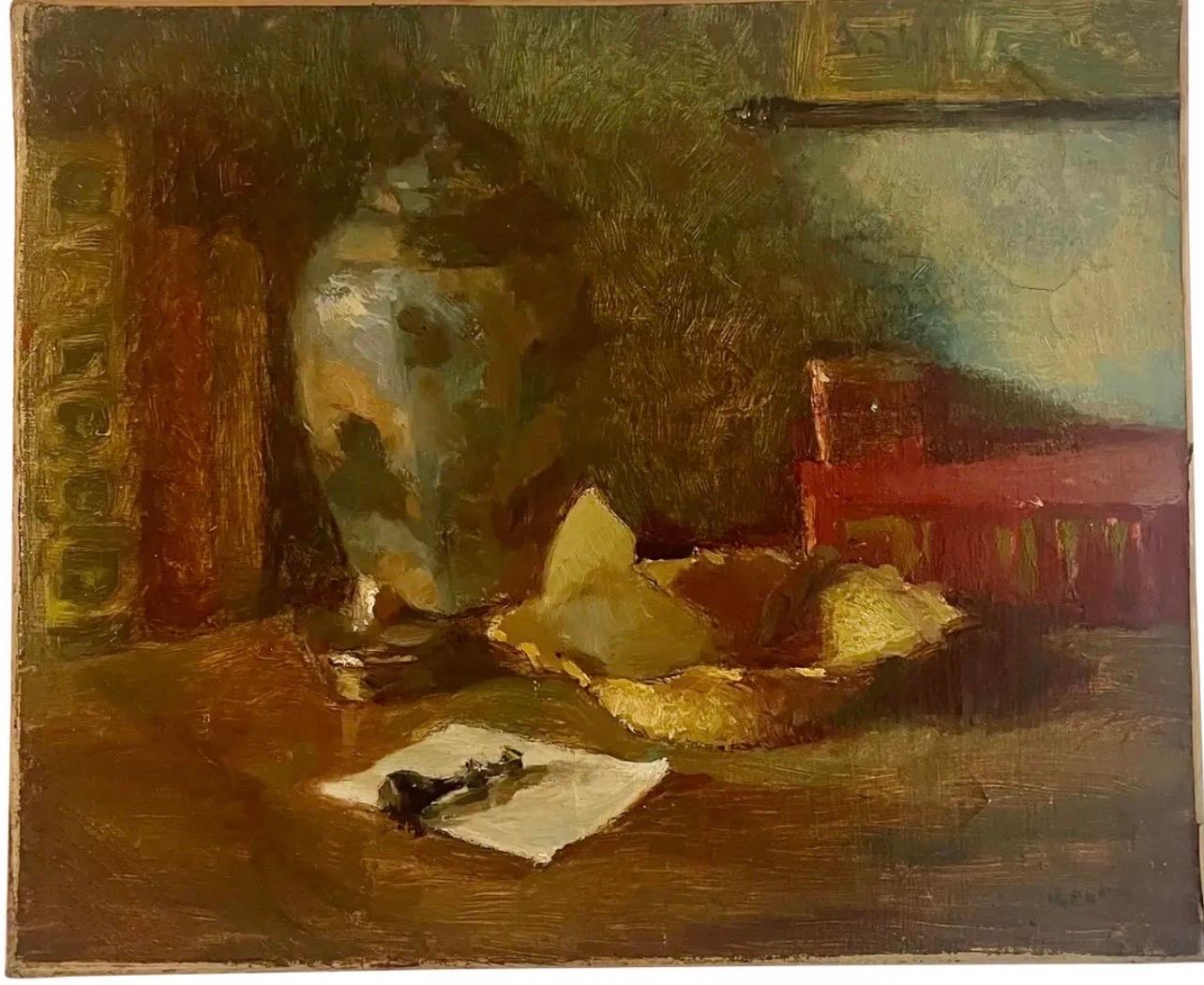 Dipinto a mano Olio su tela Natura morta con libri e pentola Segno Reinar 1940 Francia in vendita