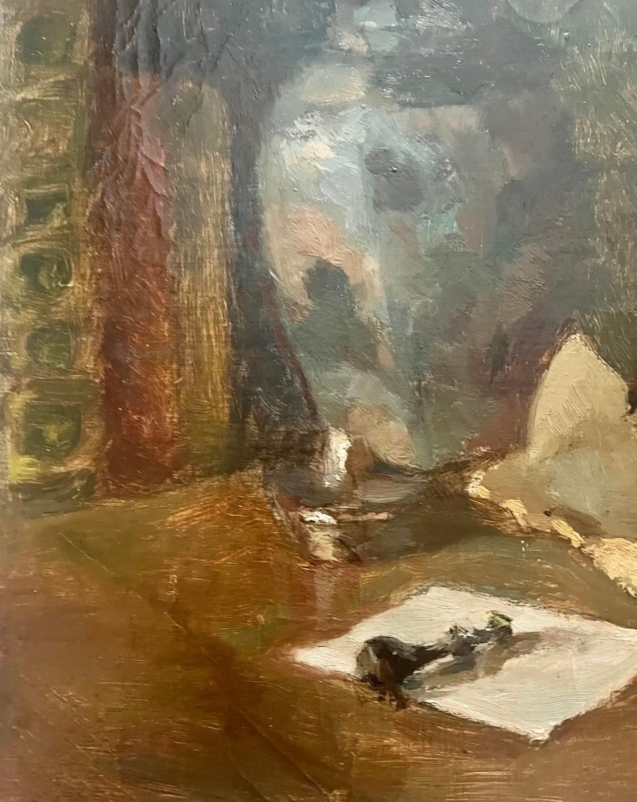 XX secolo Olio su tela Natura morta con libri e pentola Segno Reinar 1940 Francia in vendita