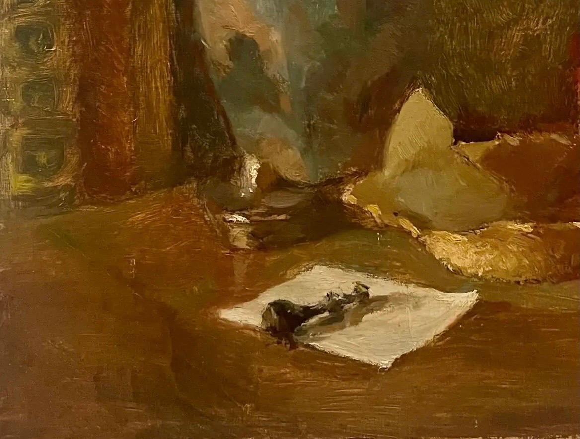 Tela Olio su tela Natura morta con libri e pentola Segno Reinar 1940 Francia in vendita