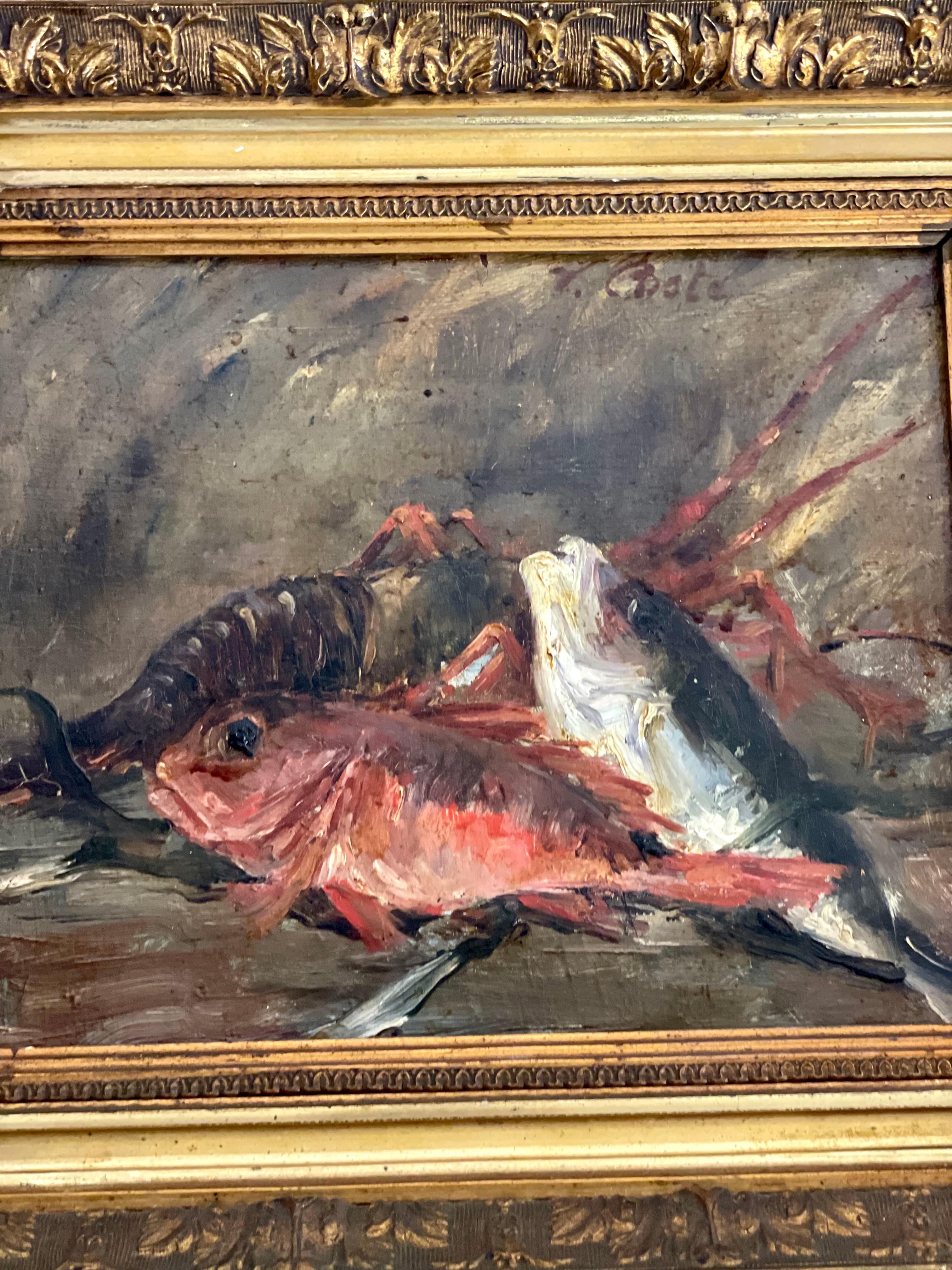 A small oil on canvas, “Still Life with Fish and Crustaceans”, by the great Provencal painter Victor Coste (1844-1923). Born in Marseille, Coste went on to study at the Ecole des Beaux-Arts in that city, exhibiting in the Paris Salon from 1883-1896