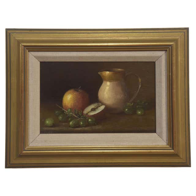 Vintage Still Life Oil Painting with Bottle, Ceramic Pitcher and Apple ...
