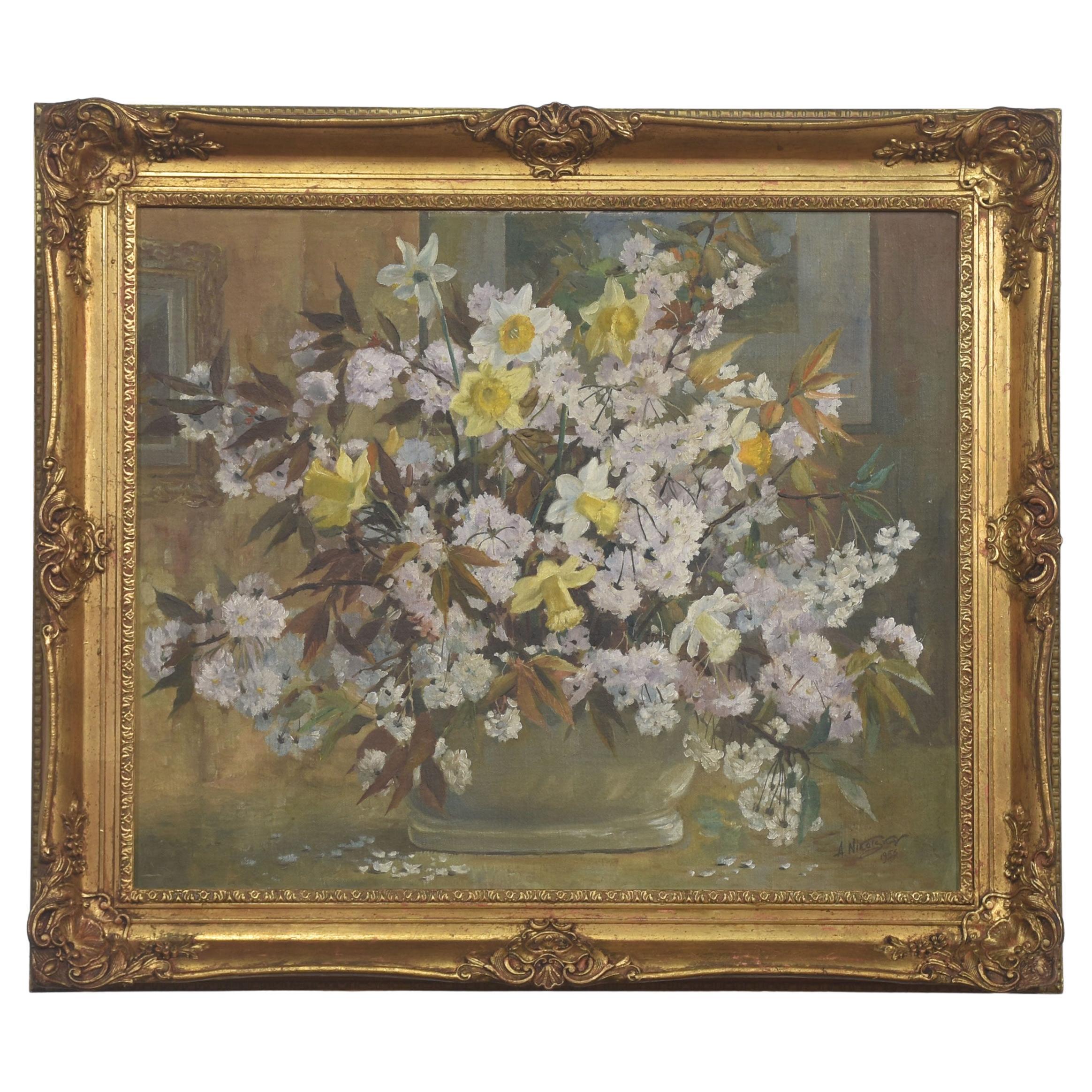 Oil on canvas Still Life with Spring Flowers en vente