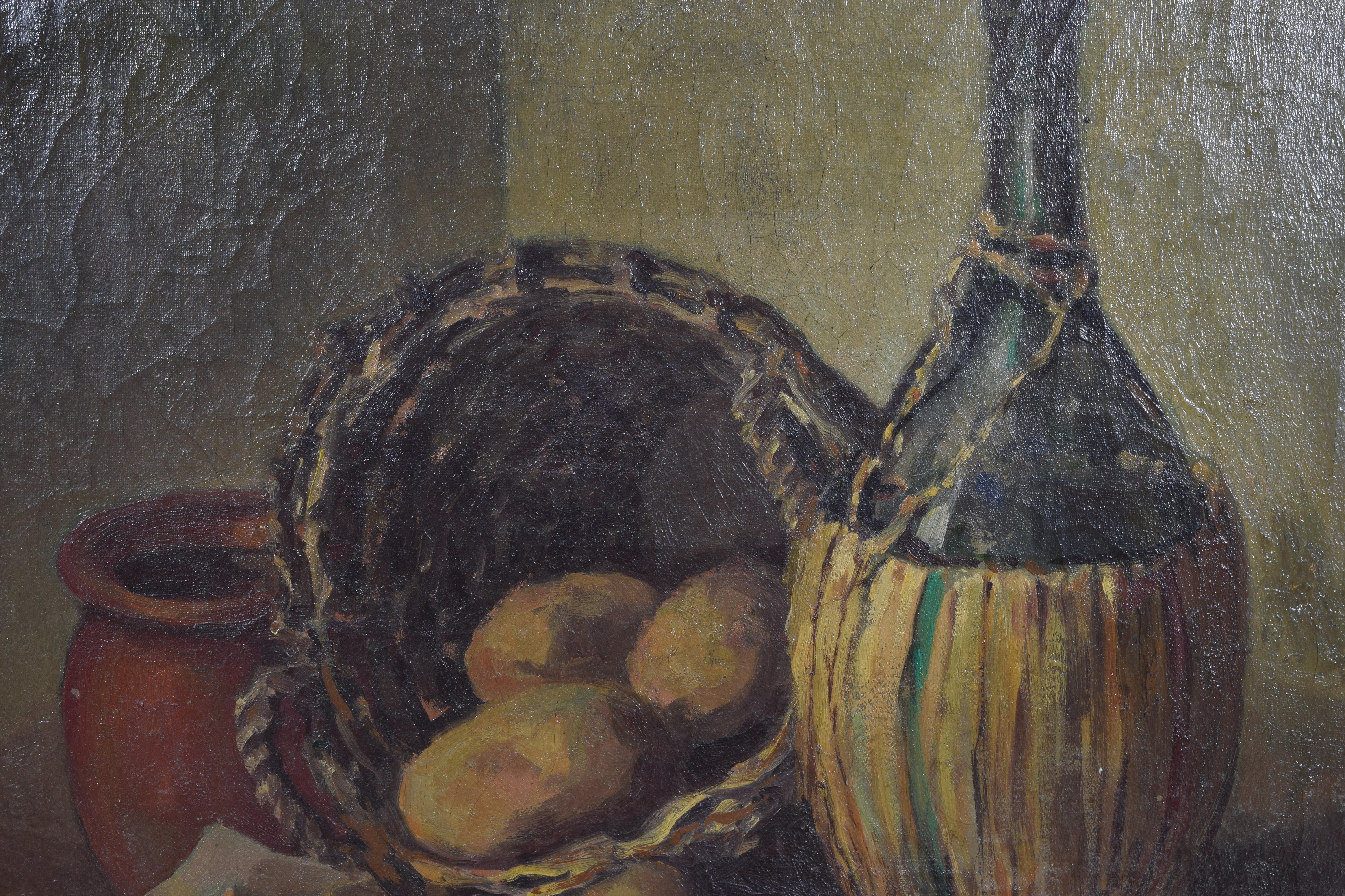 European Oil on Canvas, Still Life with Wine Bottle, Signed Islendaal, circa 1965